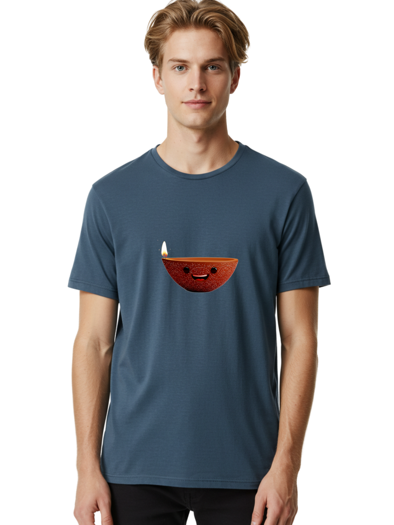 Diya-Lamp-1 Men'S Graphic Tee, 100% Cotton, Comfortable Casual Summer Wear, Machine Washable, Clay Diya Lamp, Decorative Lamp, Lit Candle, Happy Face, Traditional Indian, Festive Mood, Diwali Celebration, Warm Glow Bad018