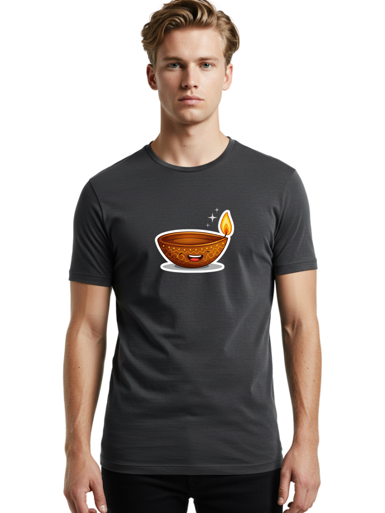 Diya-Lamp-3 Men'S Graphic Tee, 100% Cotton, Comfortable Casual Summer Wear, Machine Washable, Diya Lamp, Diwali Celebration, Traditional Indian Decor, Smiling Face, Lit Candle, Festive Atmosphere, Happy Emotions, Cultural Heritage, Bad020