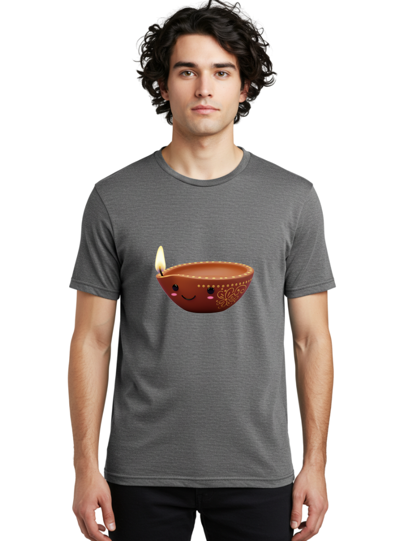 Diya-Lamp-7 Men'S Graphic Tee, 100% Cotton, Comfortable Casual Summer Wear, Machine Washable, Traditional Diya Lamp, Clay Diya, Lit Candle, Festive Decor, Indian Culture, Smiling Face, Decorative Patterns, Warm Glow, Cultural Heritage, Bad024