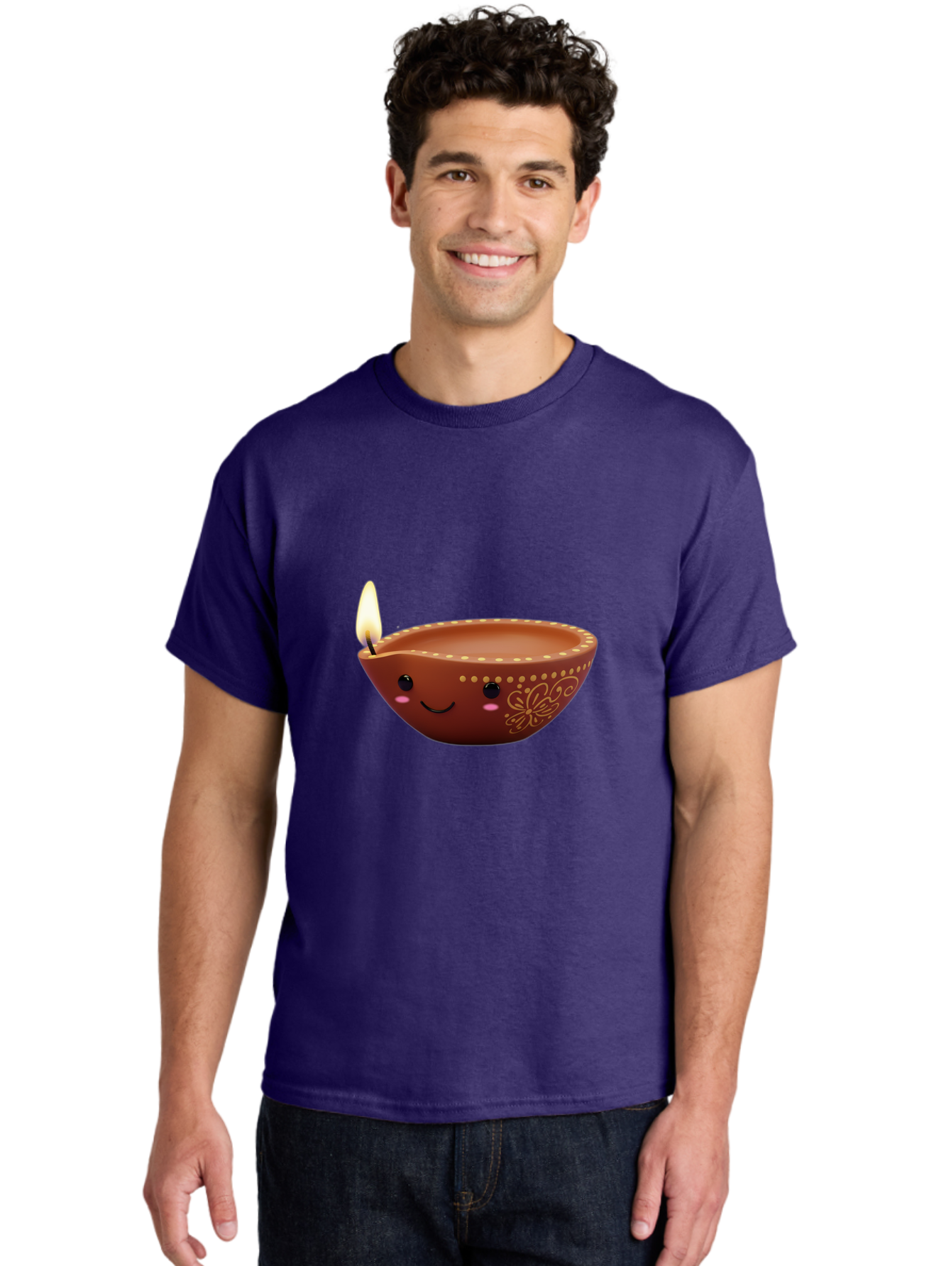 Diya-Lamp-7 Men'S Graphic Tee, 100% Cotton, Comfortable Casual Summer Wear, Machine Washable, Traditional Diya Lamp, Clay Diya, Lit Candle, Festive Decor, Indian Culture, Smiling Face, Decorative Patterns, Warm Glow, Cultural Heritage, Bad024
