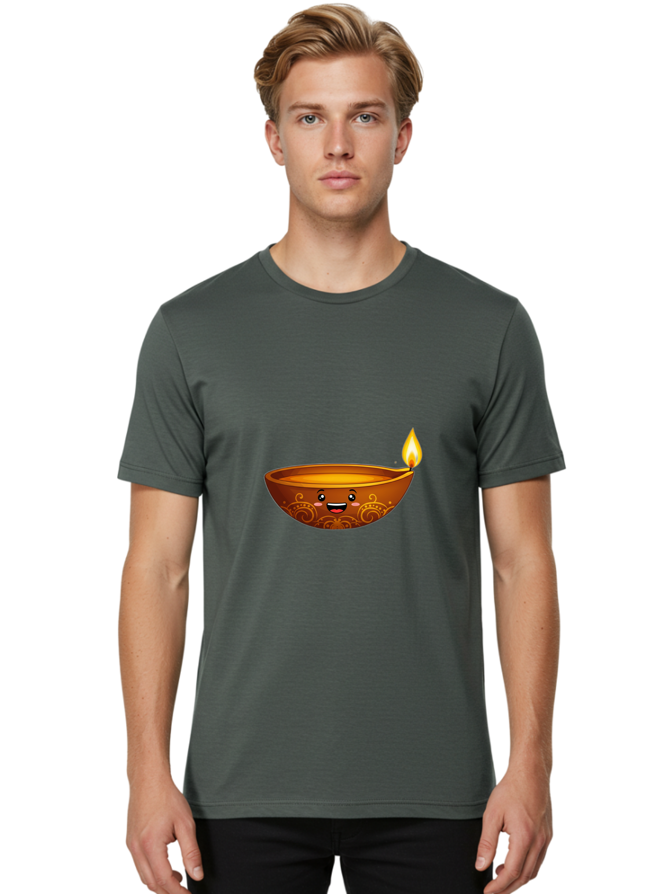 Diya-Lamp Men'S Graphic Tee, 100% Cotton, Comfortable Casual Summer Wear, Machine Washable, Clay Diya Lamp, Lit Diwali Lamp, Indian Culture, Traditional Diya, Diwali Decoration, Festive Season, Happy Face, Smiling Lamp, Orange Glow Bad025