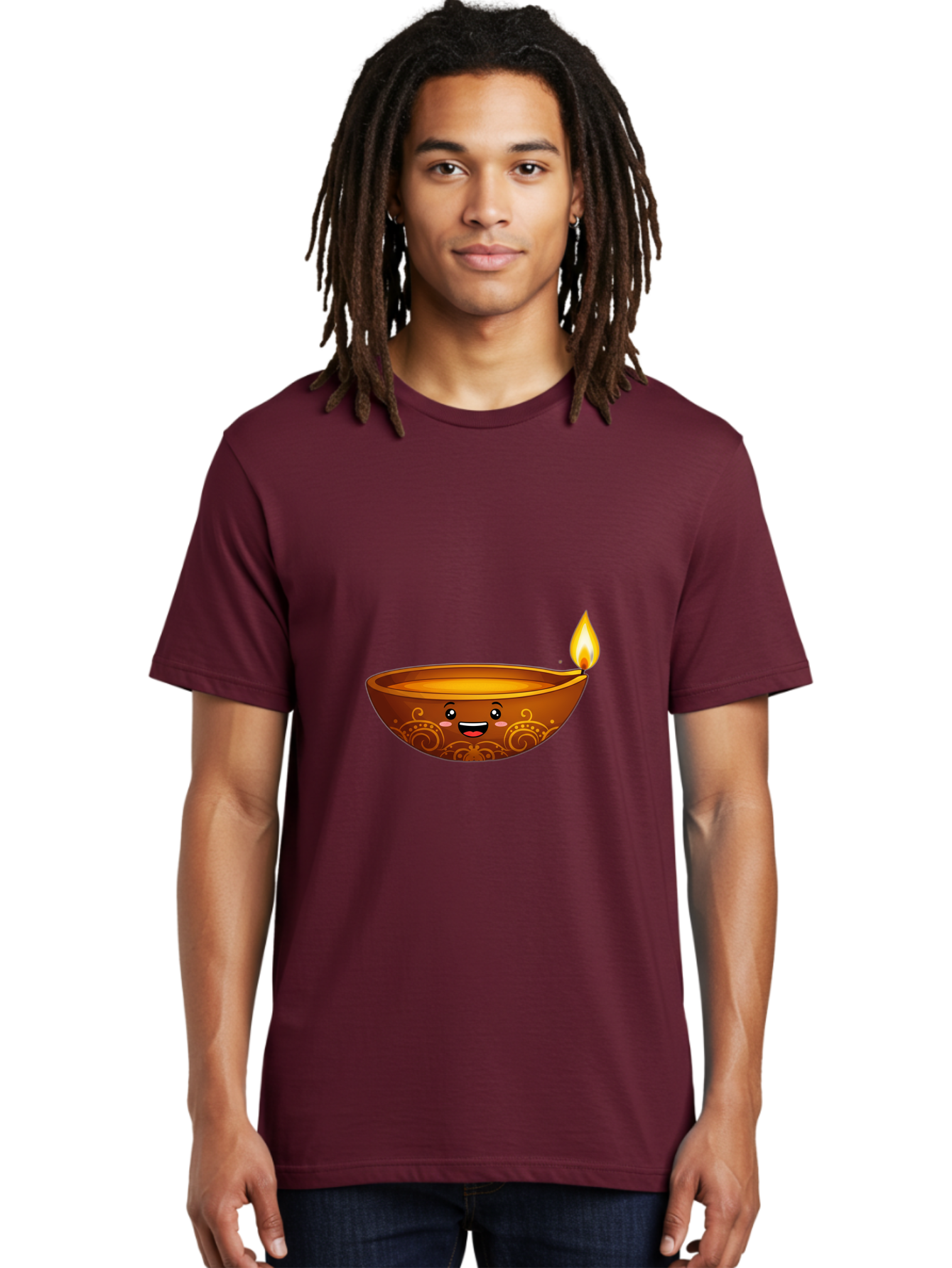 Diya-Lamp Men'S Graphic Tee, 100% Cotton, Comfortable Casual Summer Wear, Machine Washable, Clay Diya Lamp, Lit Diwali Lamp, Indian Culture, Traditional Diya, Diwali Decoration, Festive Season, Happy Face, Smiling Lamp, Orange Glow Bad025