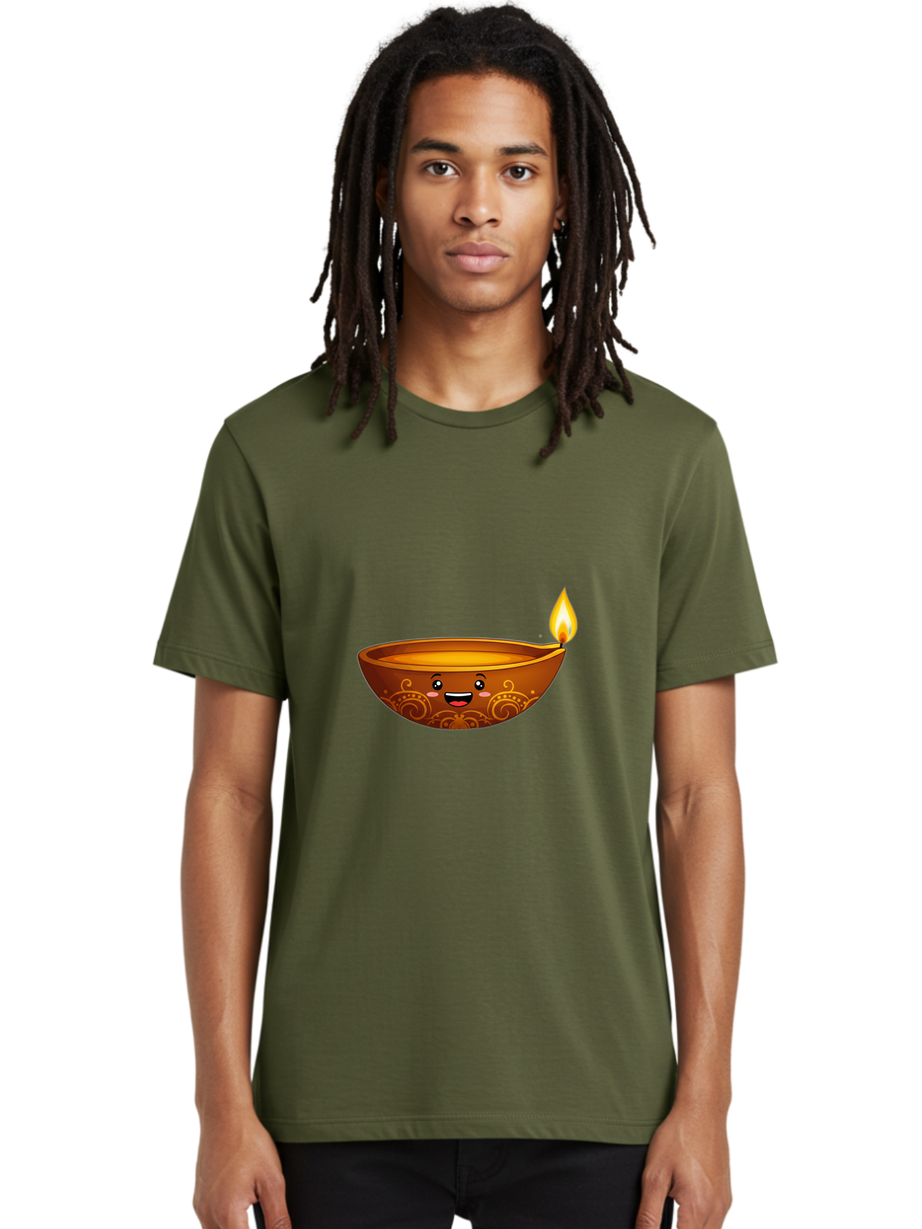 Diya-Lamp Men'S Graphic Tee, 100% Cotton, Comfortable Casual Summer Wear, Machine Washable, Clay Diya Lamp, Lit Diwali Lamp, Indian Culture, Traditional Diya, Diwali Decoration, Festive Season, Happy Face, Smiling Lamp, Orange Glow Bad025