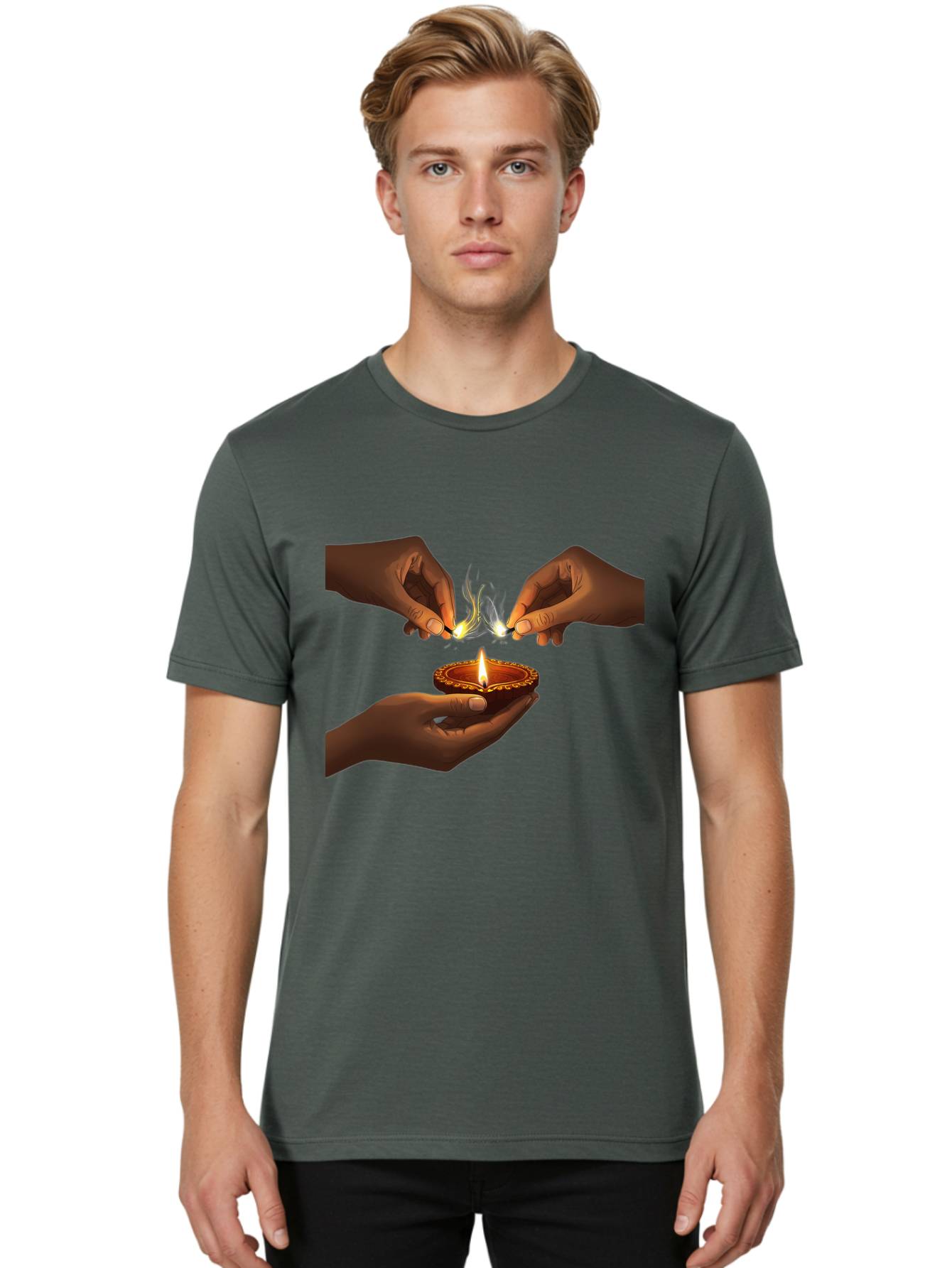 Diya-Lighting Men'S Graphic Tee, 100% Cotton, Comfortable Casual Summer Wear, Machine Washable, Lighting Diya, Traditional Indian Lamp, Unity In Diversity, Cultural Heritage, Festive Atmosphere, Togetherness, Harmony, Diwali Celebration Bad027