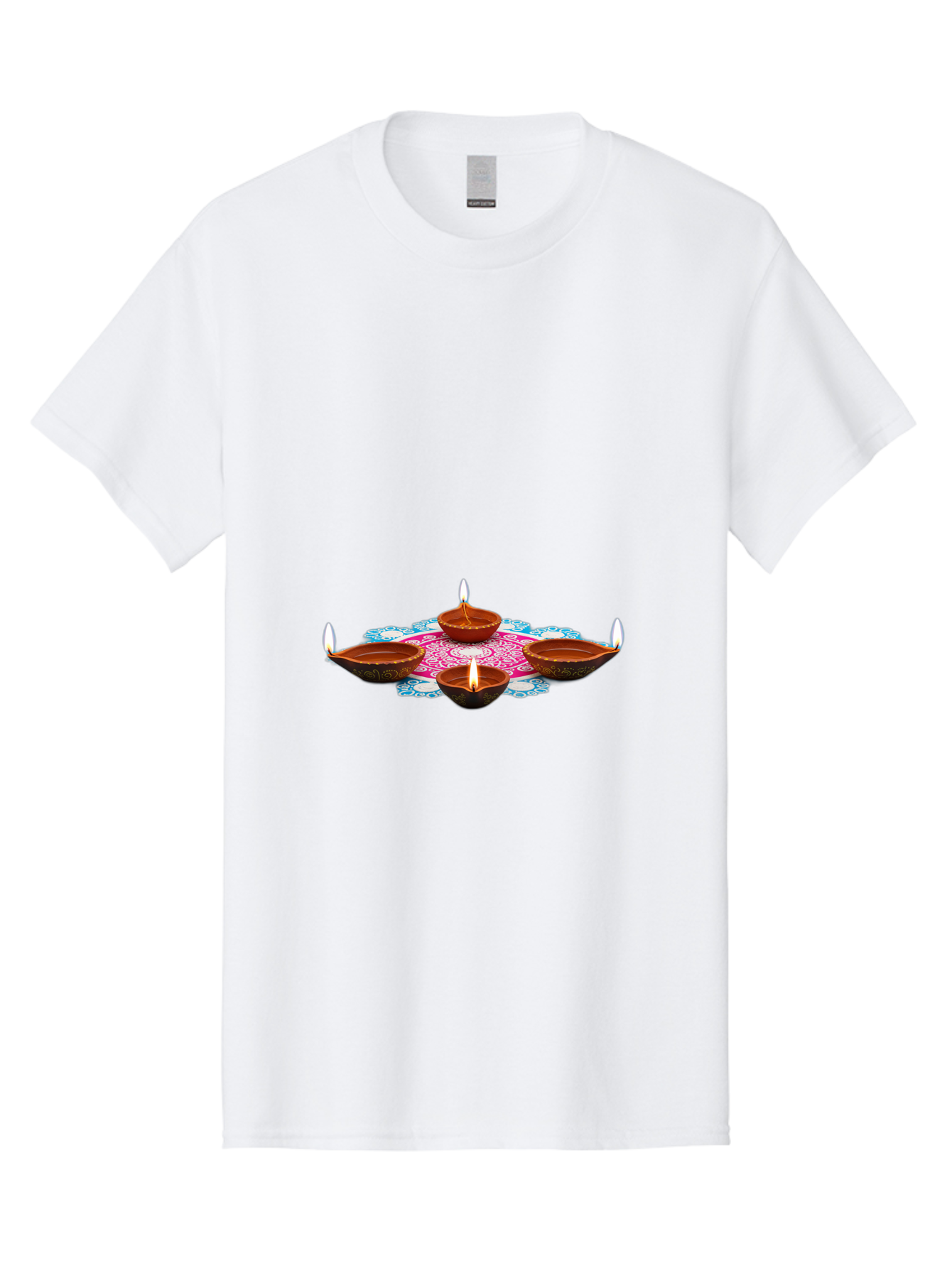 Diya-Set Men'S Graphic Tee, 100% Cotton, Comfortable Casual Summer Wear, Machine Washable, Traditional Indian Diyas, Lit Candles, Intricate Mandala Design, Cultural Heritage, Vibrant Colors, Festive Atmosphere, Spiritual Ambiance, Bad028