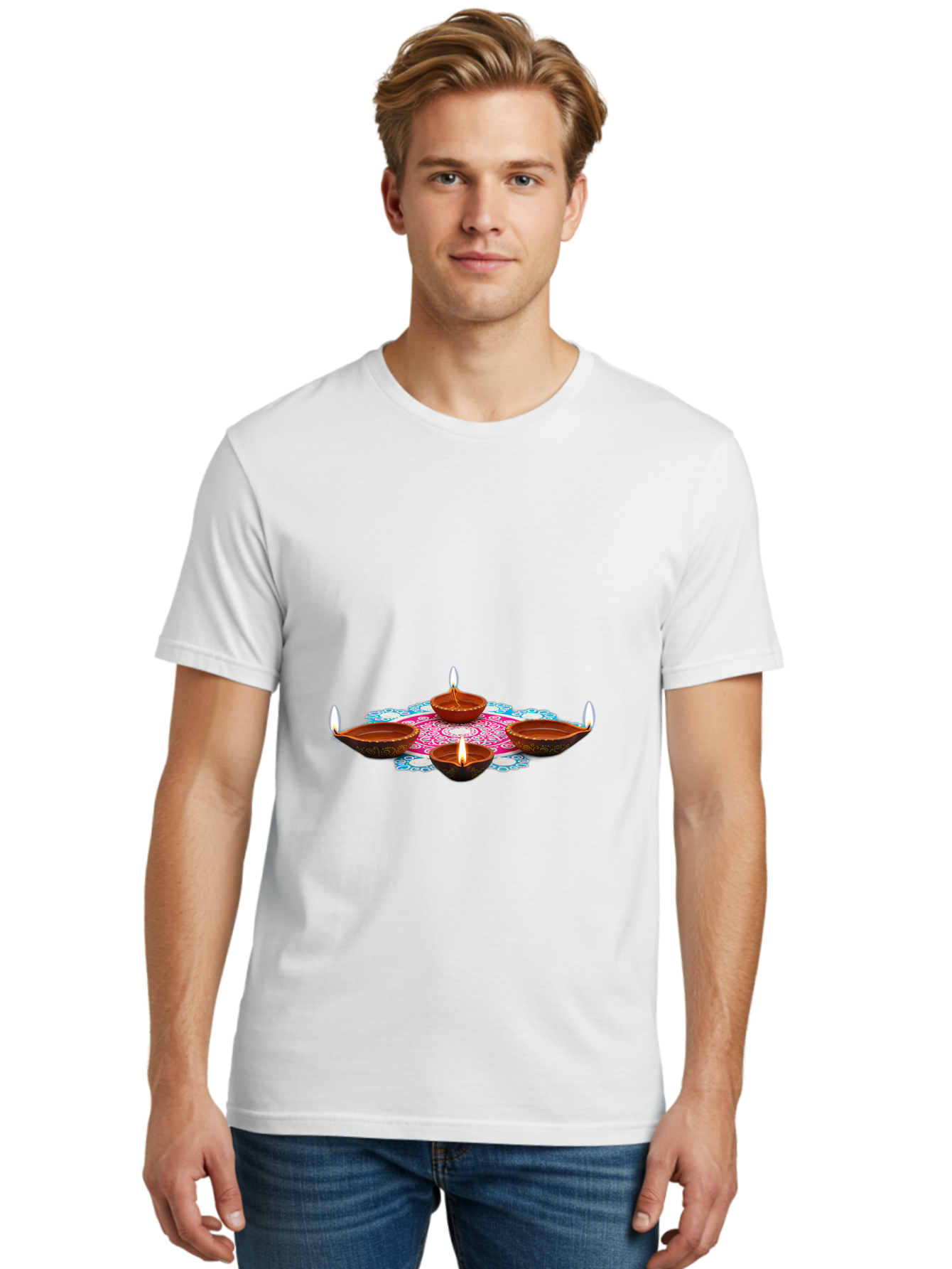 Diya-Set Men'S Graphic Tee, 100% Cotton, Comfortable Casual Summer Wear, Machine Washable, Traditional Indian Diyas, Lit Candles, Intricate Mandala Design, Cultural Heritage, Vibrant Colors, Festive Atmosphere, Spiritual Ambiance, Bad028