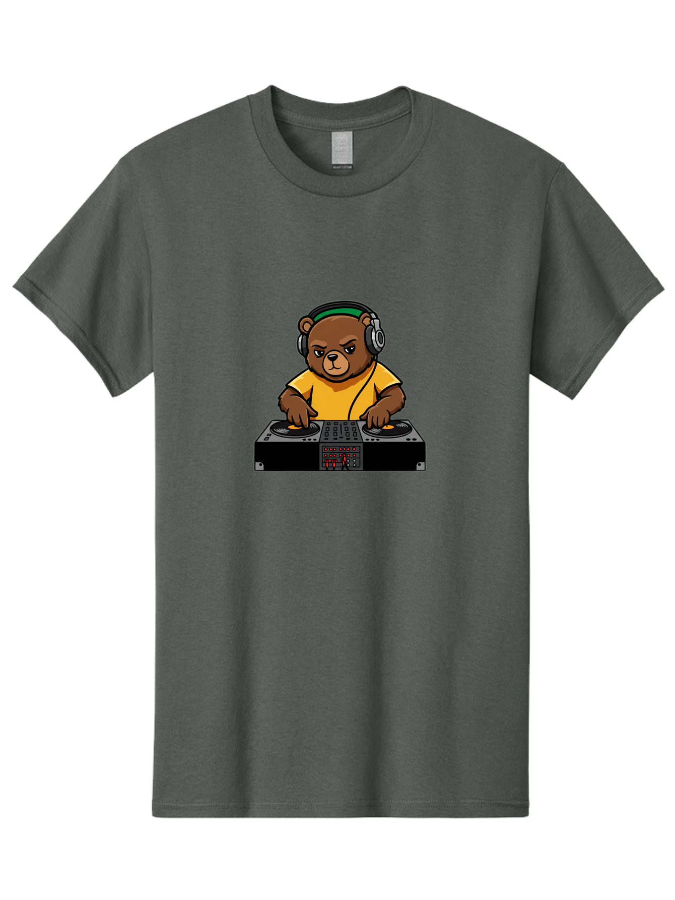 Dj-Bear Men'S Graphic Tee, 100% Cotton, Comfortable Casual Summer Wear, Machine Washable, Dj Bear Mixing Tracks, Cartoon Character, Yellow Shirt, Headphones On, Dj Controller, Music Production, Electronic Dance Music, Edm, Djing Bad034
