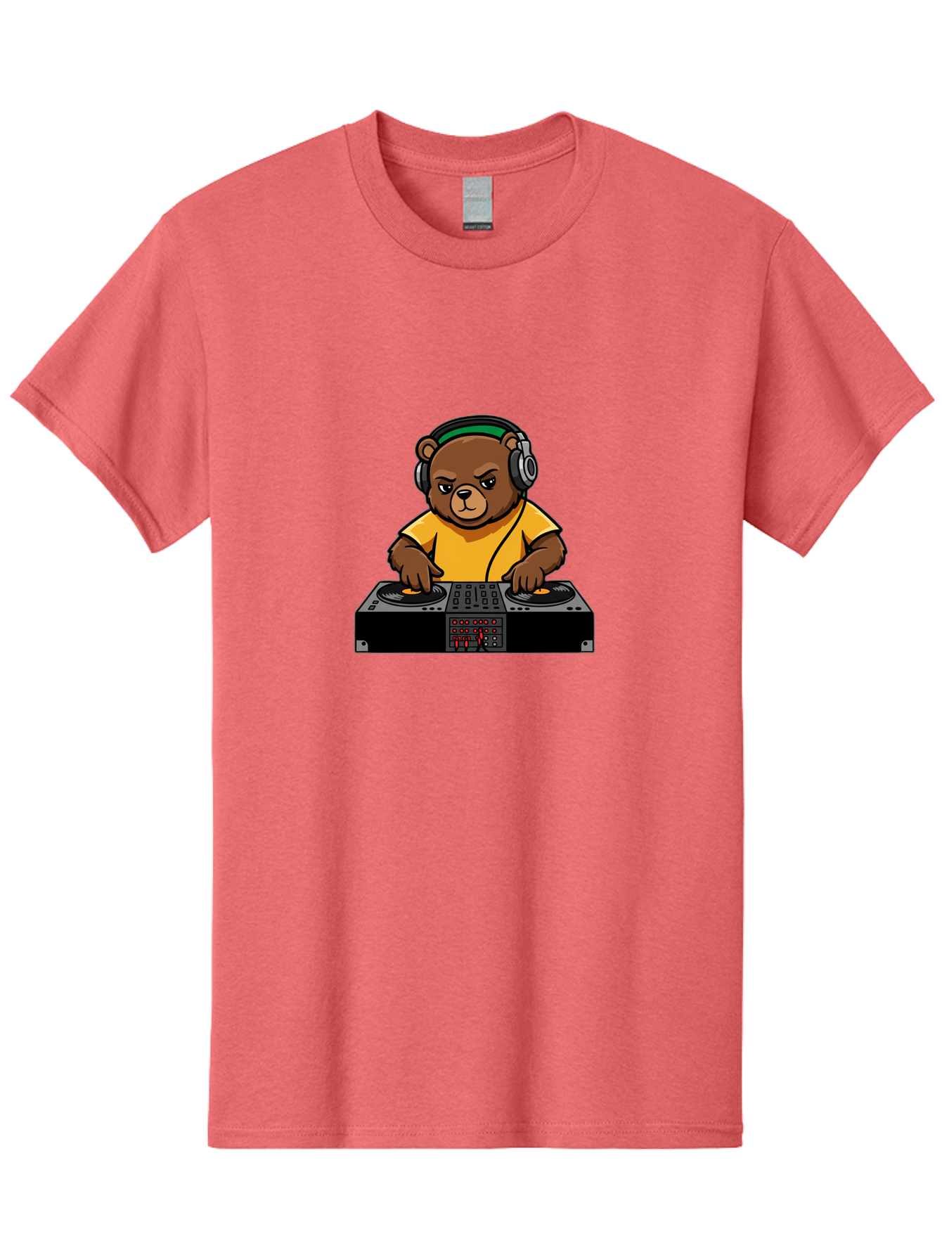 Dj-Bear Men'S Graphic Tee, 100% Cotton, Comfortable Casual Summer Wear, Machine Washable, Dj Bear Mixing Tracks, Cartoon Character, Yellow Shirt, Headphones On, Dj Controller, Music Production, Electronic Dance Music, Edm, Djing Bad034