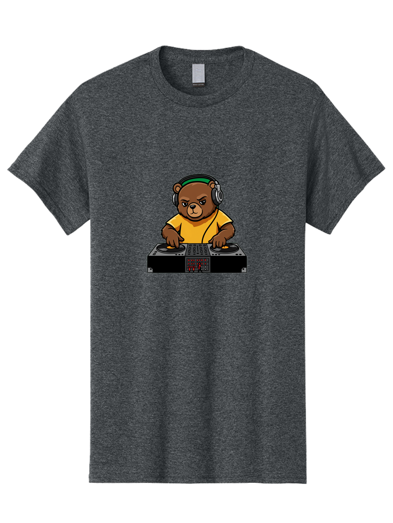 Dj-Bear Men'S Graphic Tee, 100% Cotton, Comfortable Casual Summer Wear, Machine Washable, Dj Bear Mixing Tracks, Cartoon Character, Yellow Shirt, Headphones On, Dj Controller, Music Production, Electronic Dance Music, Edm, Djing Bad034