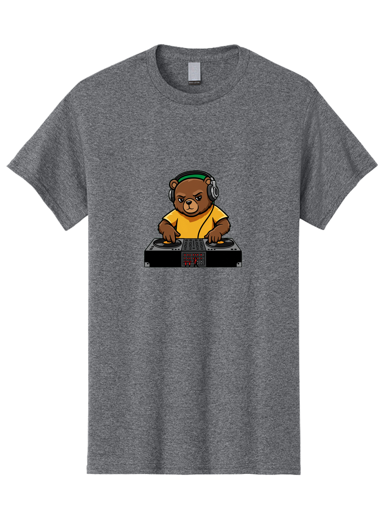 Dj-Bear Men'S Graphic Tee, 100% Cotton, Comfortable Casual Summer Wear, Machine Washable, Dj Bear Mixing Tracks, Cartoon Character, Yellow Shirt, Headphones On, Dj Controller, Music Production, Electronic Dance Music, Edm, Djing Bad034