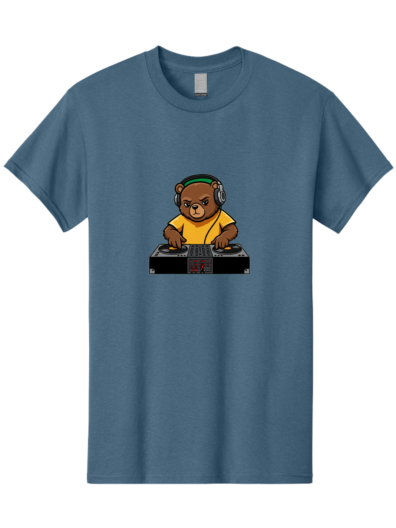 Dj-Bear Men'S Graphic Tee, 100% Cotton, Comfortable Casual Summer Wear, Machine Washable, Dj Bear Mixing Tracks, Cartoon Character, Yellow Shirt, Headphones On, Dj Controller, Music Production, Electronic Dance Music, Edm, Djing Bad034
