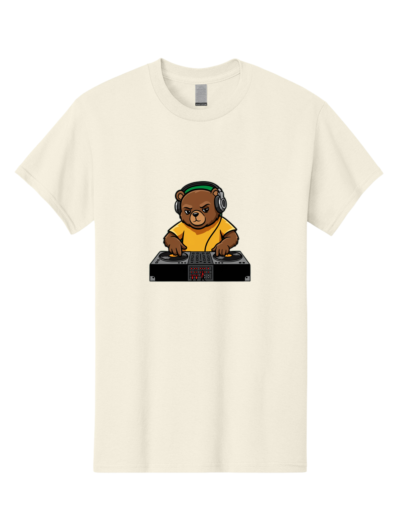 Dj-Bear Men'S Graphic Tee, 100% Cotton, Comfortable Casual Summer Wear, Machine Washable, Dj Bear Mixing Tracks, Cartoon Character, Yellow Shirt, Headphones On, Dj Controller, Music Production, Electronic Dance Music, Edm, Djing Bad034