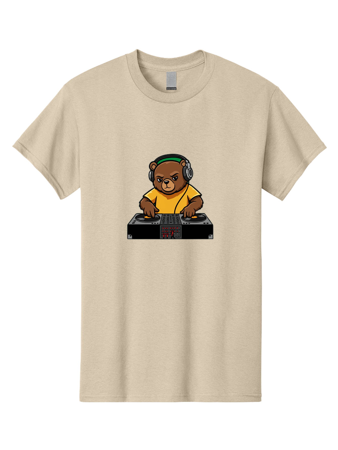 Dj-Bear Men'S Graphic Tee, 100% Cotton, Comfortable Casual Summer Wear, Machine Washable, Dj Bear Mixing Tracks, Cartoon Character, Yellow Shirt, Headphones On, Dj Controller, Music Production, Electronic Dance Music, Edm, Djing Bad034