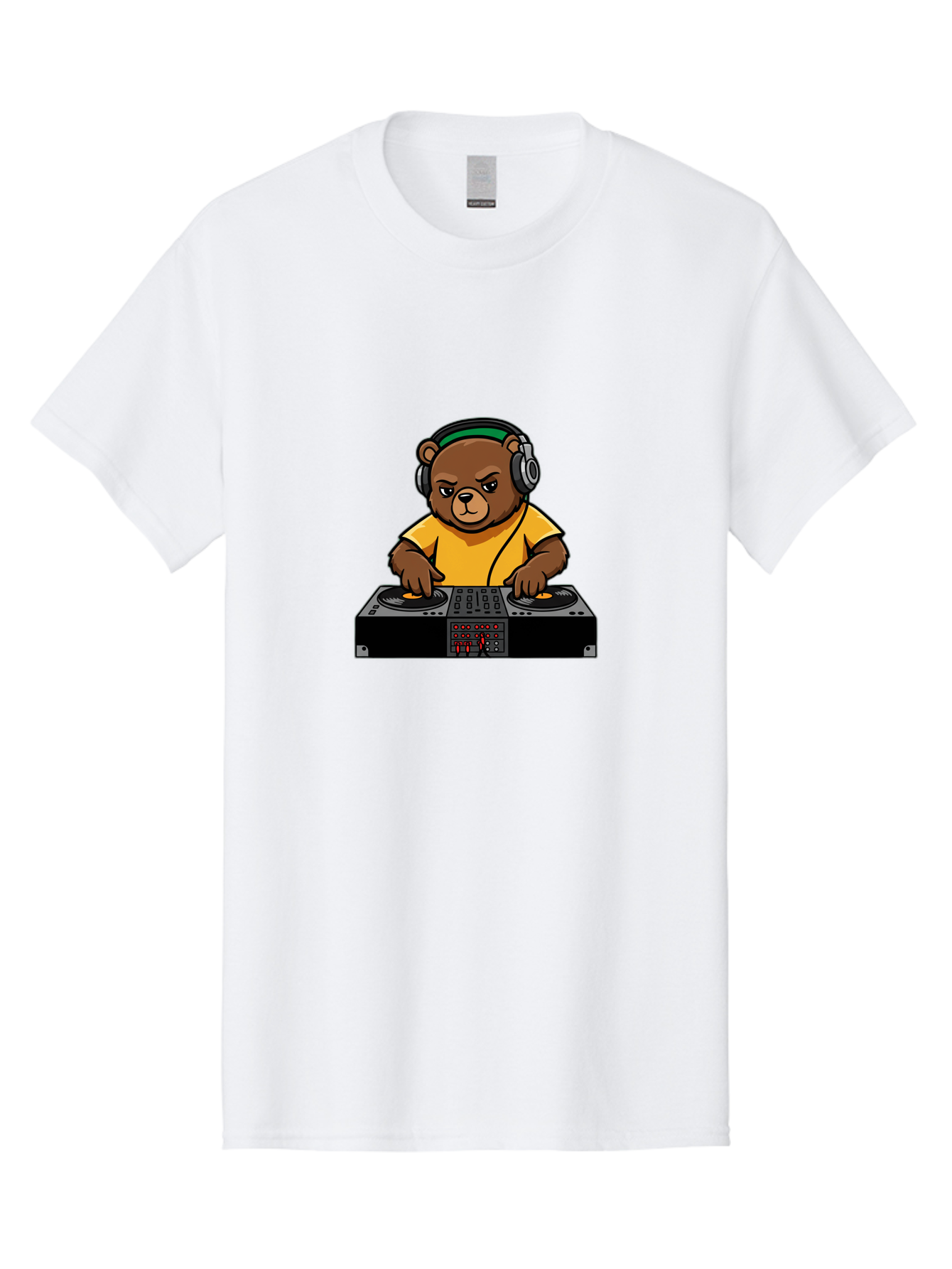 Dj-Bear Men'S Graphic Tee, 100% Cotton, Comfortable Casual Summer Wear, Machine Washable, Dj Bear Mixing Tracks, Cartoon Character, Yellow Shirt, Headphones On, Dj Controller, Music Production, Electronic Dance Music, Edm, Djing Bad034