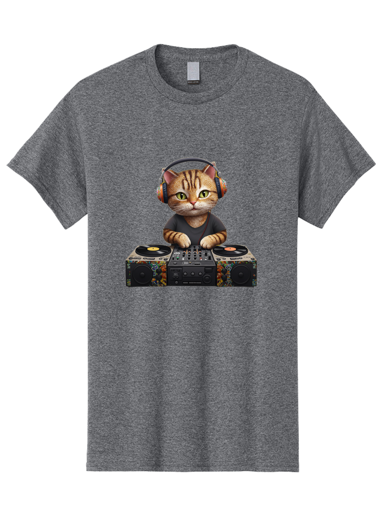 Dj-Cat-1 Men'S Graphic Tee, 100% Cotton, Comfortable Casual Summer Wear, Machine Washable, Cat Wearing Headphones, Dj Equipment, Turntables, Mixer, Music Production, Electronic Dance Music, Feline Dj, Vinyl Records, Music Mixing, Bad035