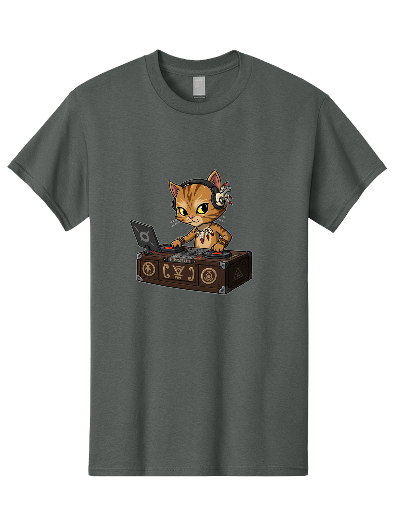 Dj-Cat-2 Men'S Graphic Tee, 100% Cotton, Comfortable Casual Summer Wear, Machine Washable, Cartoon Cat Dj, Mixing Music, Laptop And Turntables, Beat Maker, Electronic Dance Music, Dj Equipment, Feline Dj, Music Producer, Turntable Controls, Bad036