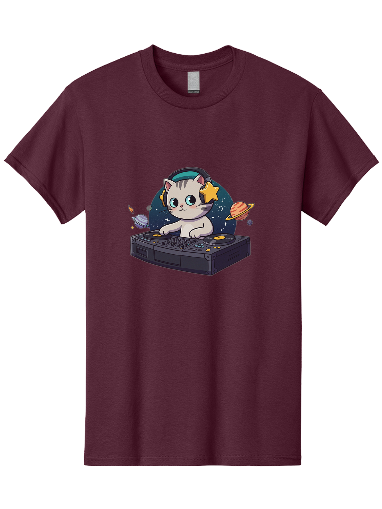 Dj-Cat Men'S Graphic Tee, 100% Cotton, Comfortable Casual Summer Wear, Machine Washable, Cat Djing, Dj Controller, Headphones, Cartoon Cat, Galaxy Background, Stars, Planets, Music, Djing, Electronic Dance Music Bad038