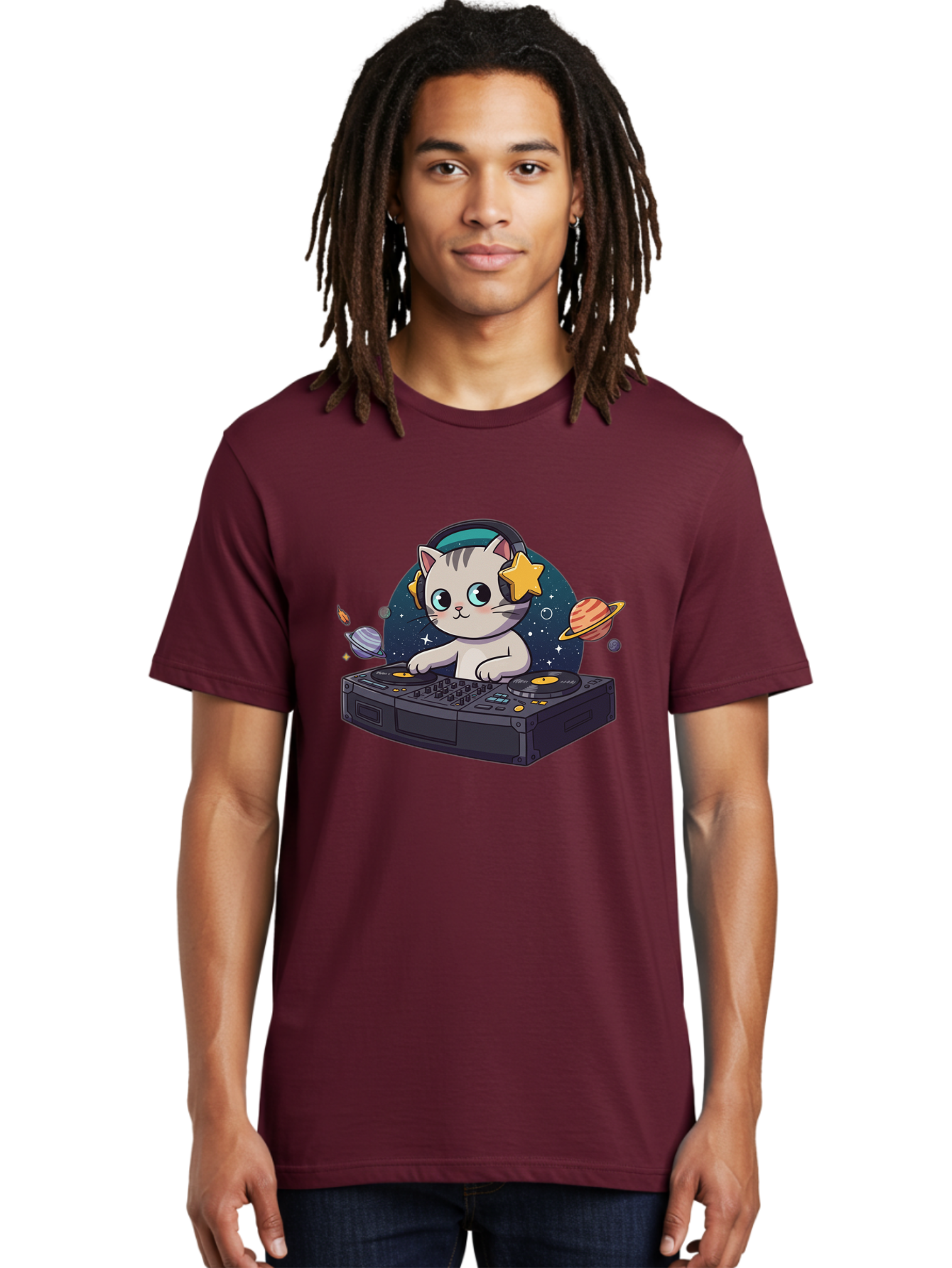 Dj-Cat Men'S Graphic Tee, 100% Cotton, Comfortable Casual Summer Wear, Machine Washable, Cat Djing, Dj Controller, Headphones, Cartoon Cat, Galaxy Background, Stars, Planets, Music, Djing, Electronic Dance Music Bad038