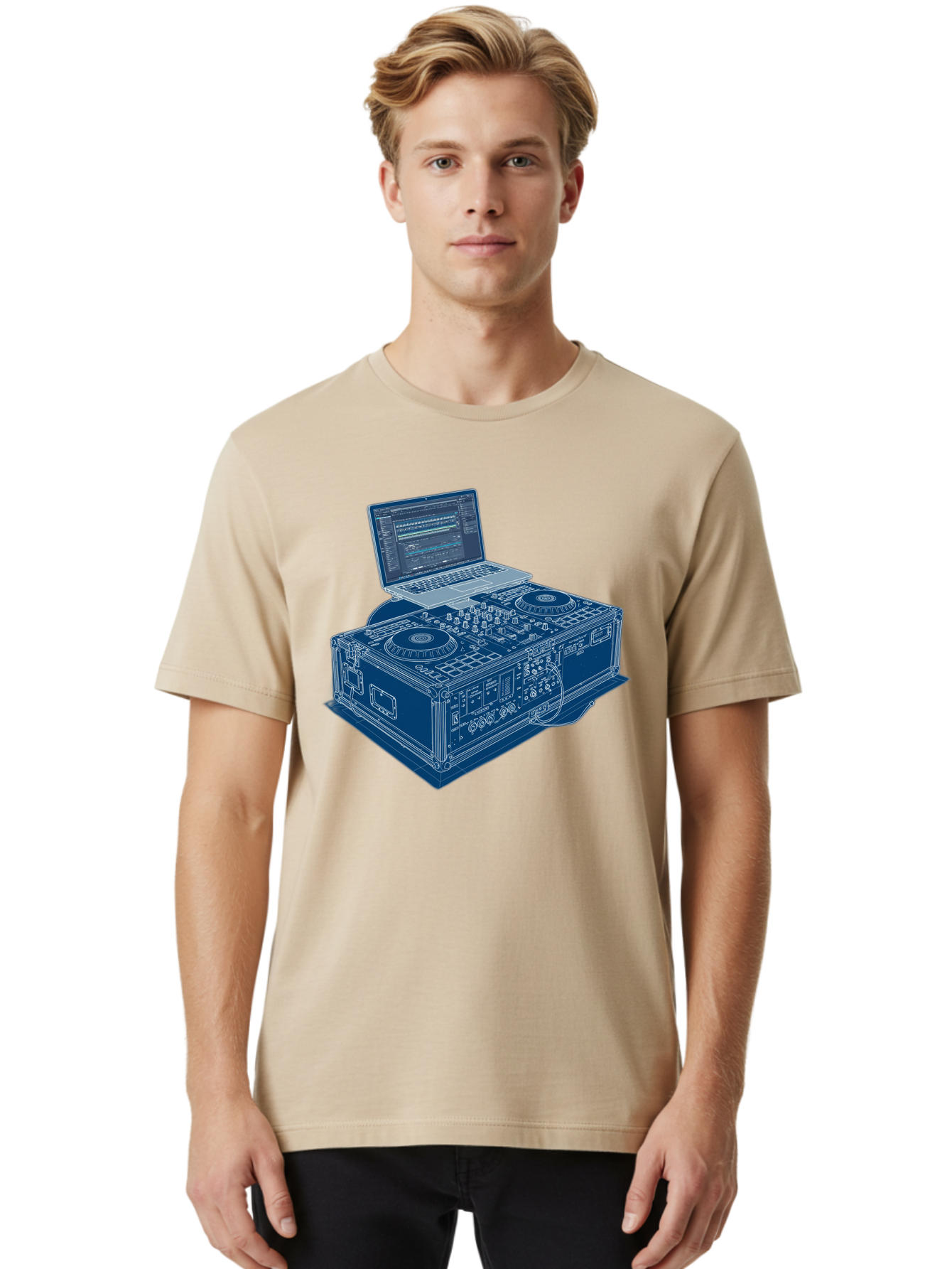 Dj-Controller-And-Laptop Men'S Graphic Tee, 100% Cotton, Comfortable Casual Summer Wear, Machine Washable, Dj Setup, Dj Software, Electronic Dance Music, Turntables, Mixing Console, Sound Equipment, Music Production, Audio Interface, Bad040