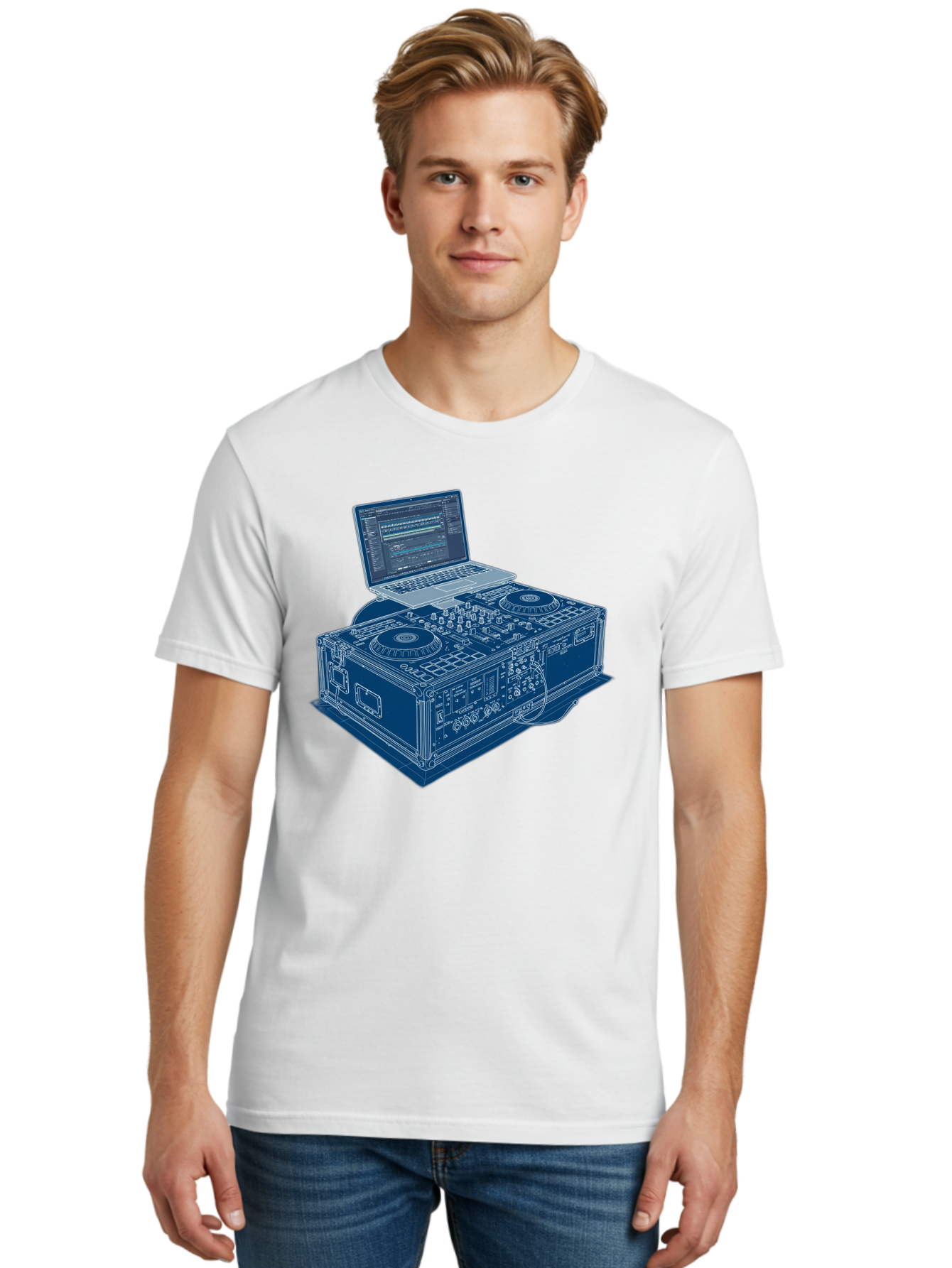 Dj-Controller-And-Laptop Men'S Graphic Tee, 100% Cotton, Comfortable Casual Summer Wear, Machine Washable, Dj Setup, Dj Software, Electronic Dance Music, Turntables, Mixing Console, Sound Equipment, Music Production, Audio Interface, Bad040