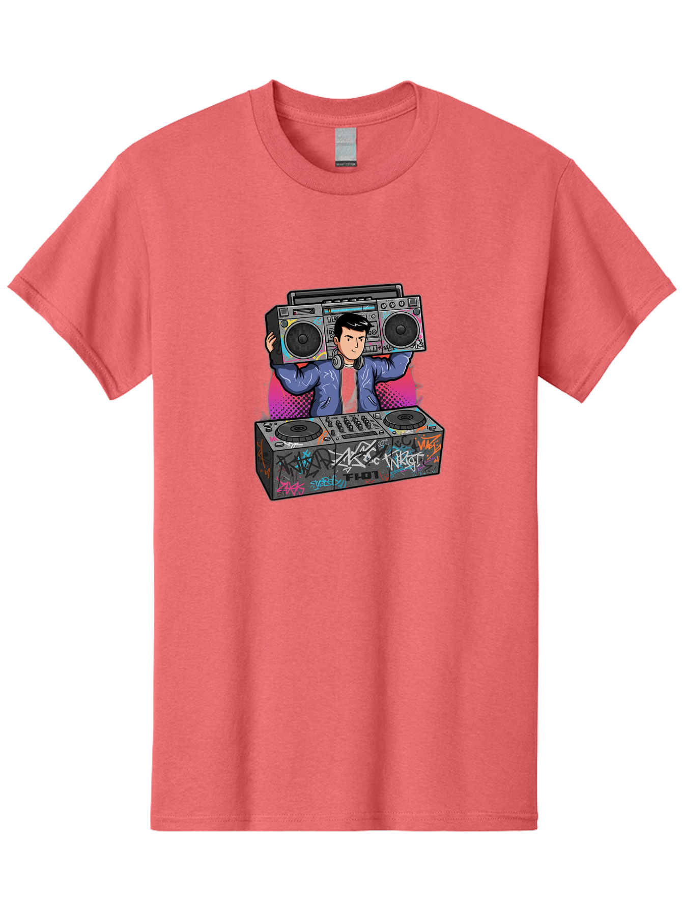 Dj-Mixing-1 Men'S Graphic Tee, 100% Cotton, Comfortable Casual Summer Wear, Machine Washable, Dj Spinning Tracks, Boombox Stereo, Graffiti Art, Turntables Mix, Dj Controller, Electronic Dance Music, Vibrant Colors, Urban Culture, Bad043