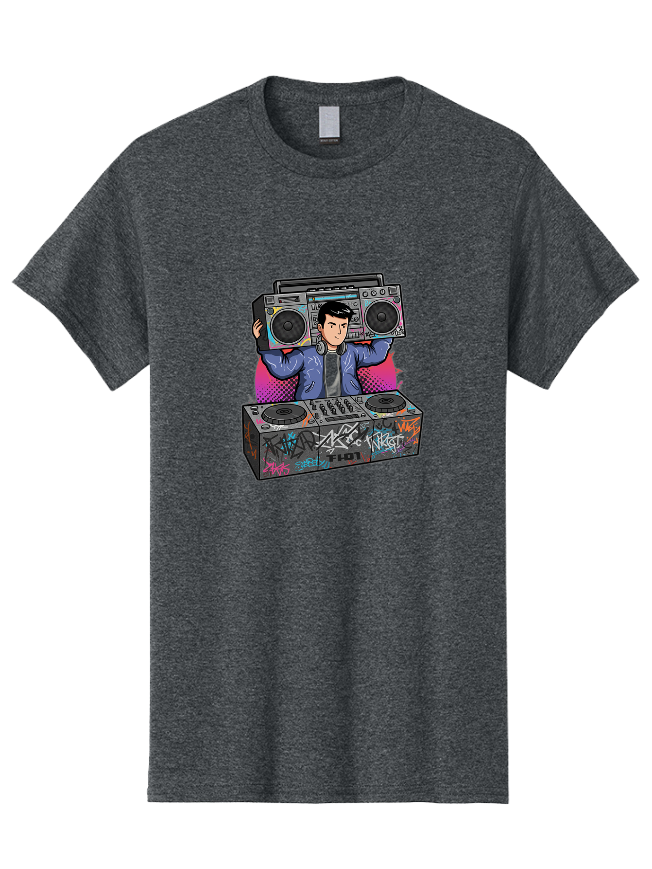 Dj-Mixing-1 Men'S Graphic Tee, 100% Cotton, Comfortable Casual Summer Wear, Machine Washable, Dj Spinning Tracks, Boombox Stereo, Graffiti Art, Turntables Mix, Dj Controller, Electronic Dance Music, Vibrant Colors, Urban Culture, Bad043