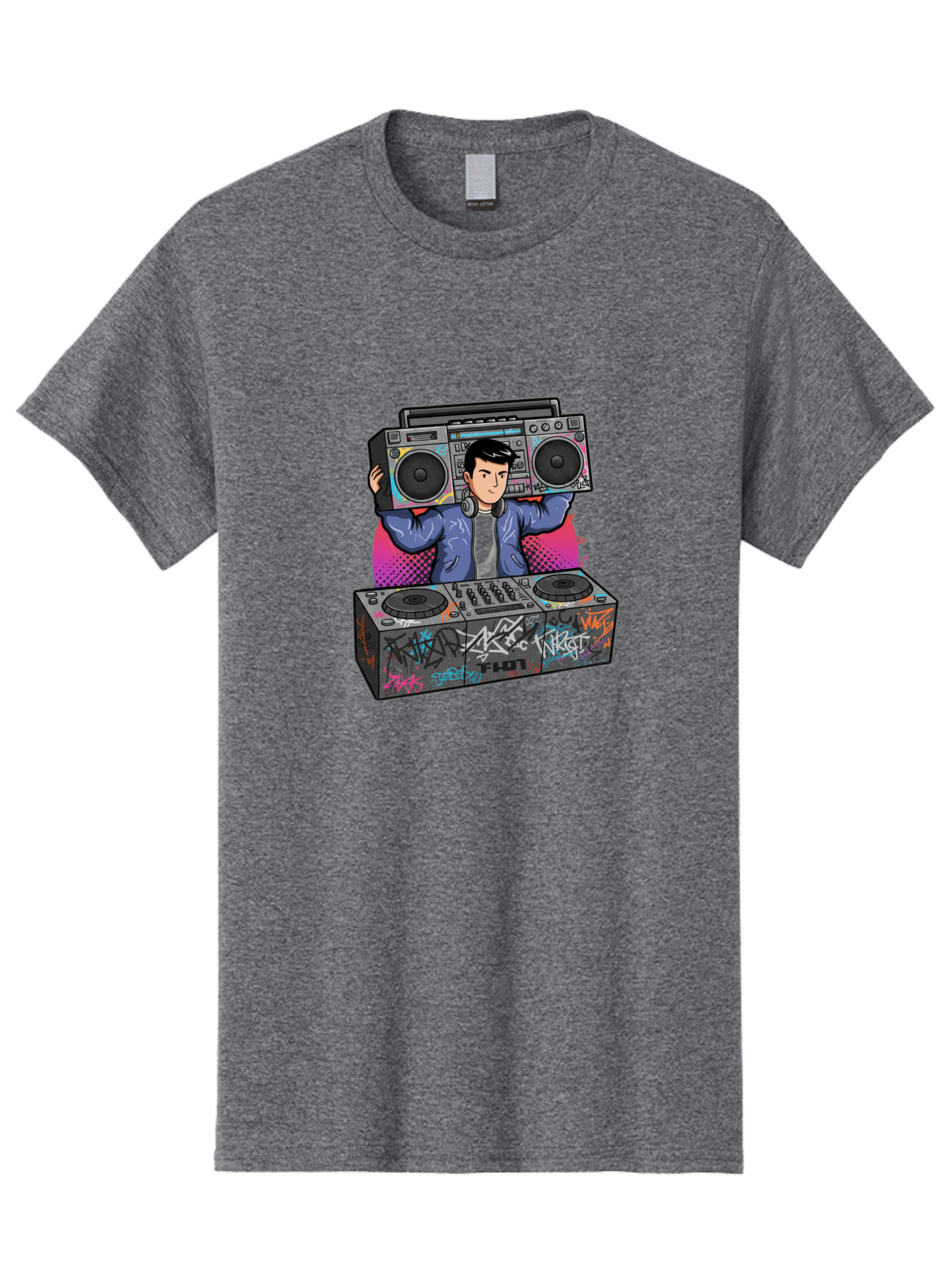 Dj-Mixing-1 Men'S Graphic Tee, 100% Cotton, Comfortable Casual Summer Wear, Machine Washable, Dj Spinning Tracks, Boombox Stereo, Graffiti Art, Turntables Mix, Dj Controller, Electronic Dance Music, Vibrant Colors, Urban Culture, Bad043