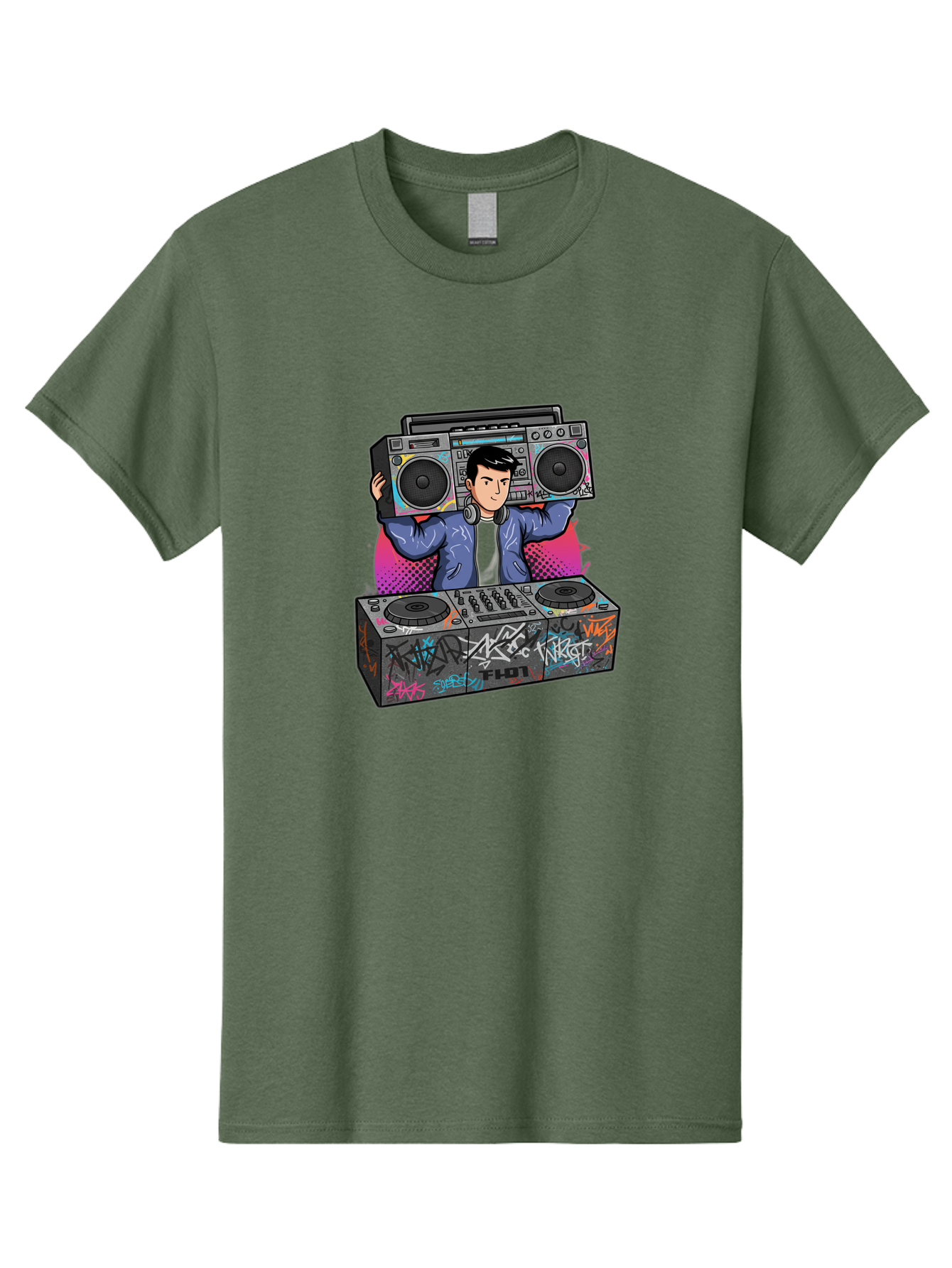 Dj-Mixing-1 Men'S Graphic Tee, 100% Cotton, Comfortable Casual Summer Wear, Machine Washable, Dj Spinning Tracks, Boombox Stereo, Graffiti Art, Turntables Mix, Dj Controller, Electronic Dance Music, Vibrant Colors, Urban Culture, Bad043