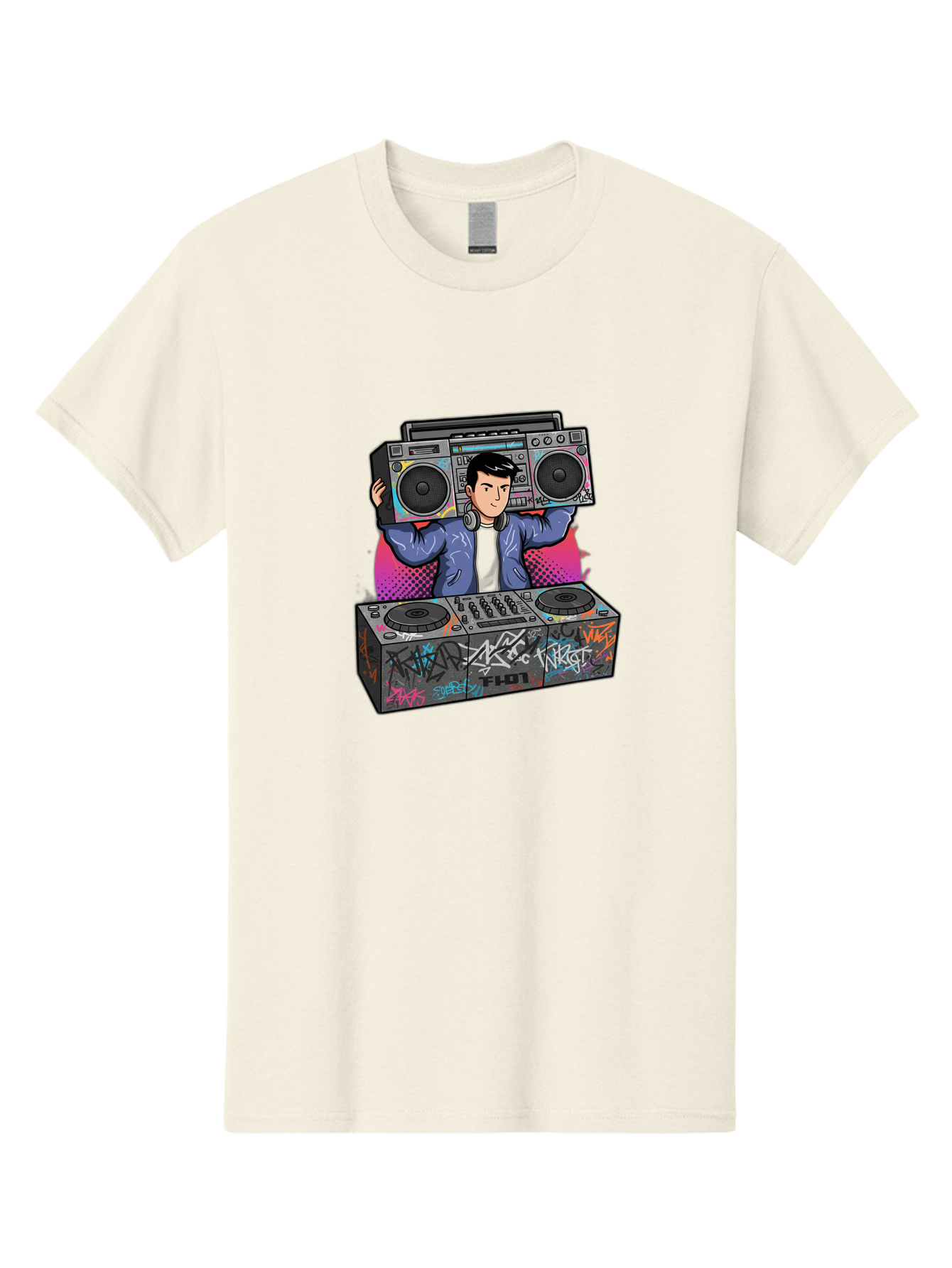 Dj-Mixing-1 Men'S Graphic Tee, 100% Cotton, Comfortable Casual Summer Wear, Machine Washable, Dj Spinning Tracks, Boombox Stereo, Graffiti Art, Turntables Mix, Dj Controller, Electronic Dance Music, Vibrant Colors, Urban Culture, Bad043