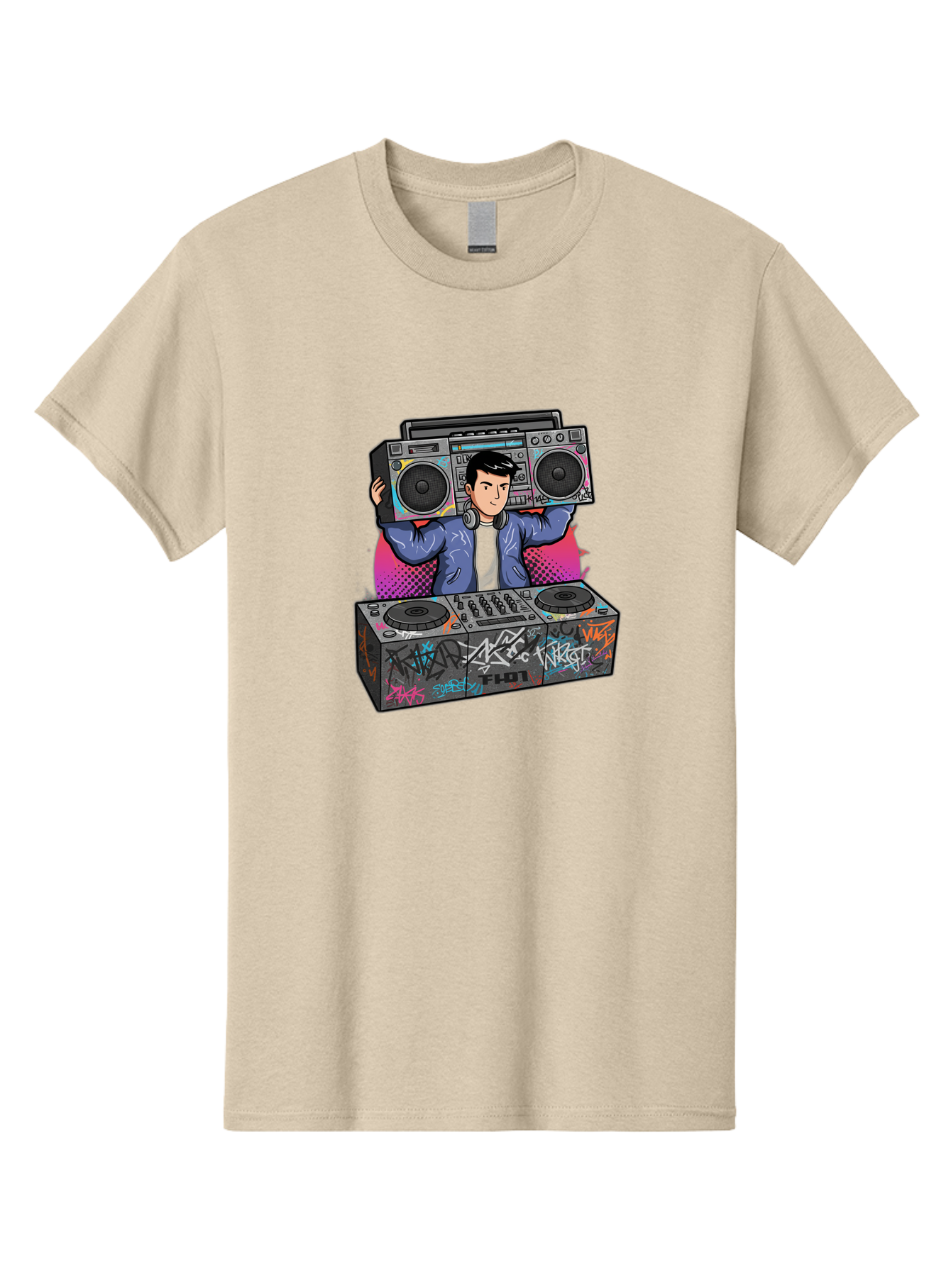 Dj-Mixing-1 Men'S Graphic Tee, 100% Cotton, Comfortable Casual Summer Wear, Machine Washable, Dj Spinning Tracks, Boombox Stereo, Graffiti Art, Turntables Mix, Dj Controller, Electronic Dance Music, Vibrant Colors, Urban Culture, Bad043