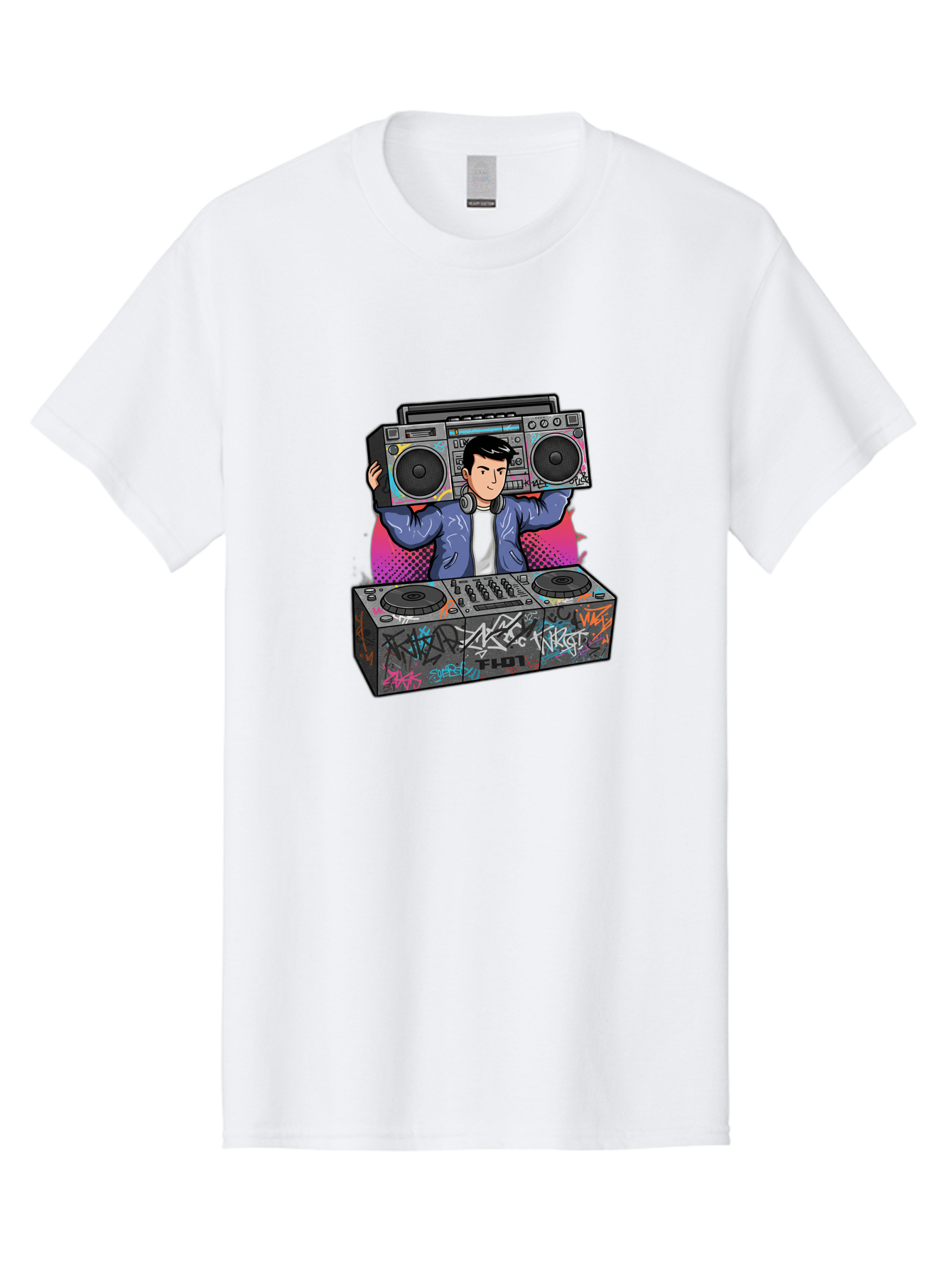 Dj-Mixing-1 Men'S Graphic Tee, 100% Cotton, Comfortable Casual Summer Wear, Machine Washable, Dj Spinning Tracks, Boombox Stereo, Graffiti Art, Turntables Mix, Dj Controller, Electronic Dance Music, Vibrant Colors, Urban Culture, Bad043