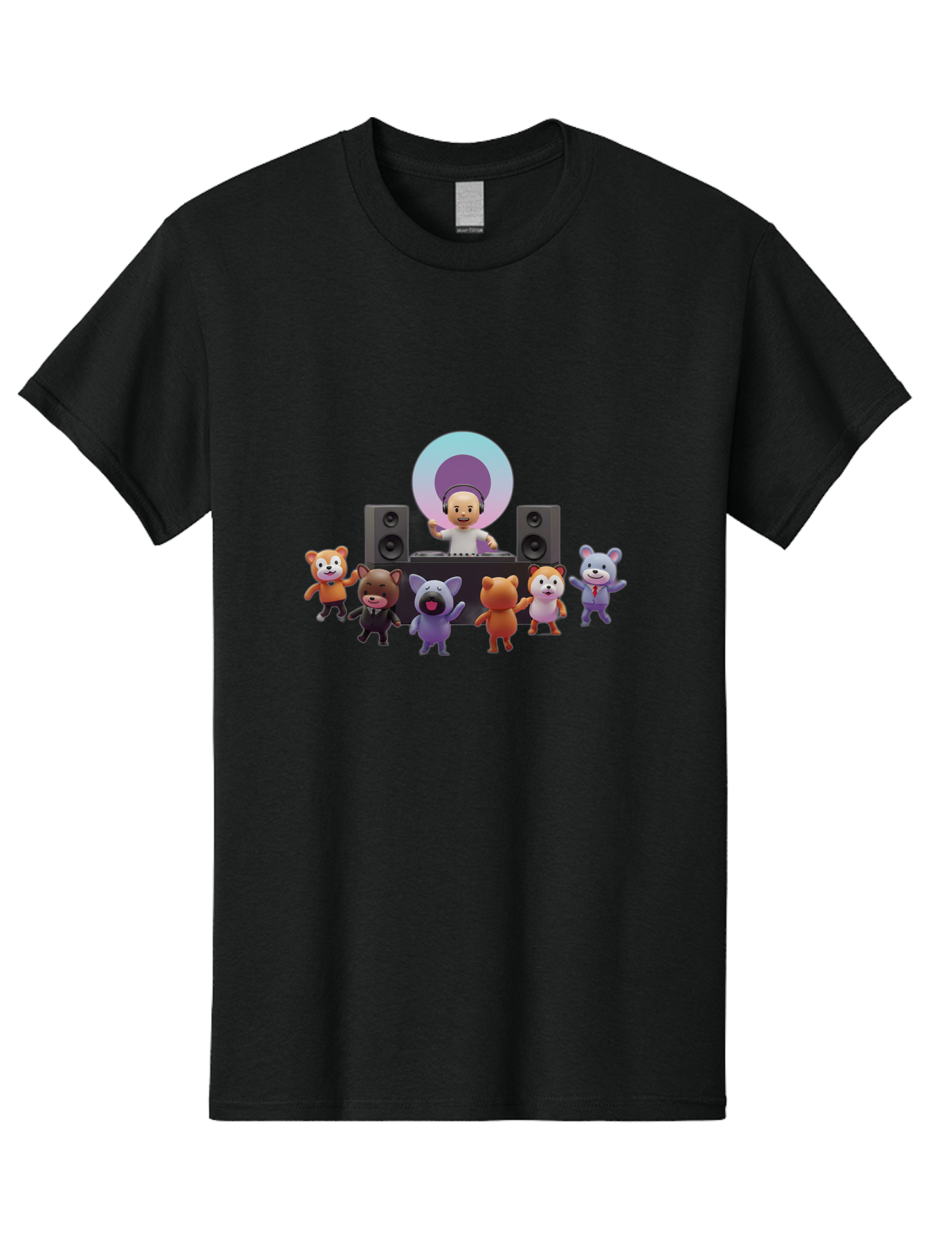 Dj-With-Animal-Friends Men'S Graphic Tee, 100% Cotton, Comfortable Casual Summer Wear, Machine Washable, Dj Spinning Tracks, Cartoon Animals Dancing, Fun Party Vibe, Music Festival Atmosphere, Happy Cartoon Characters, Dancing Bears, Fox, Bad047