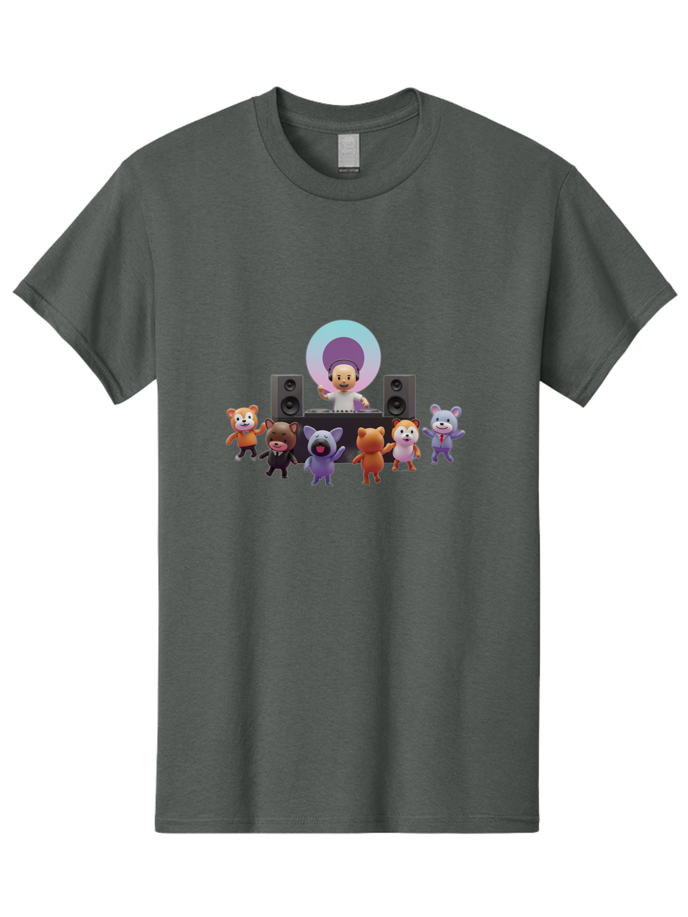 Dj-With-Animal-Friends Men'S Graphic Tee, 100% Cotton, Comfortable Casual Summer Wear, Machine Washable, Dj Spinning Tracks, Cartoon Animals Dancing, Fun Party Vibe, Music Festival Atmosphere, Happy Cartoon Characters, Dancing Bears, Fox, Bad047