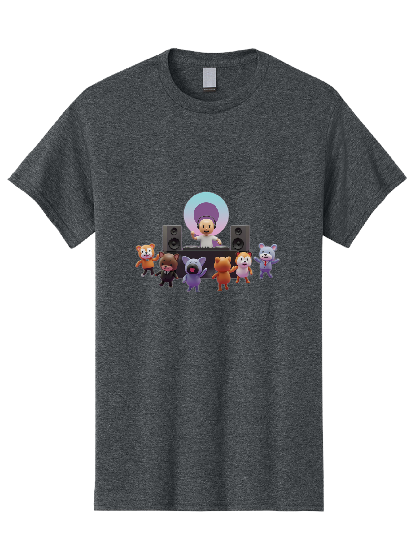 Dj-With-Animal-Friends Men'S Graphic Tee, 100% Cotton, Comfortable Casual Summer Wear, Machine Washable, Dj Spinning Tracks, Cartoon Animals Dancing, Fun Party Vibe, Music Festival Atmosphere, Happy Cartoon Characters, Dancing Bears, Fox, Bad047