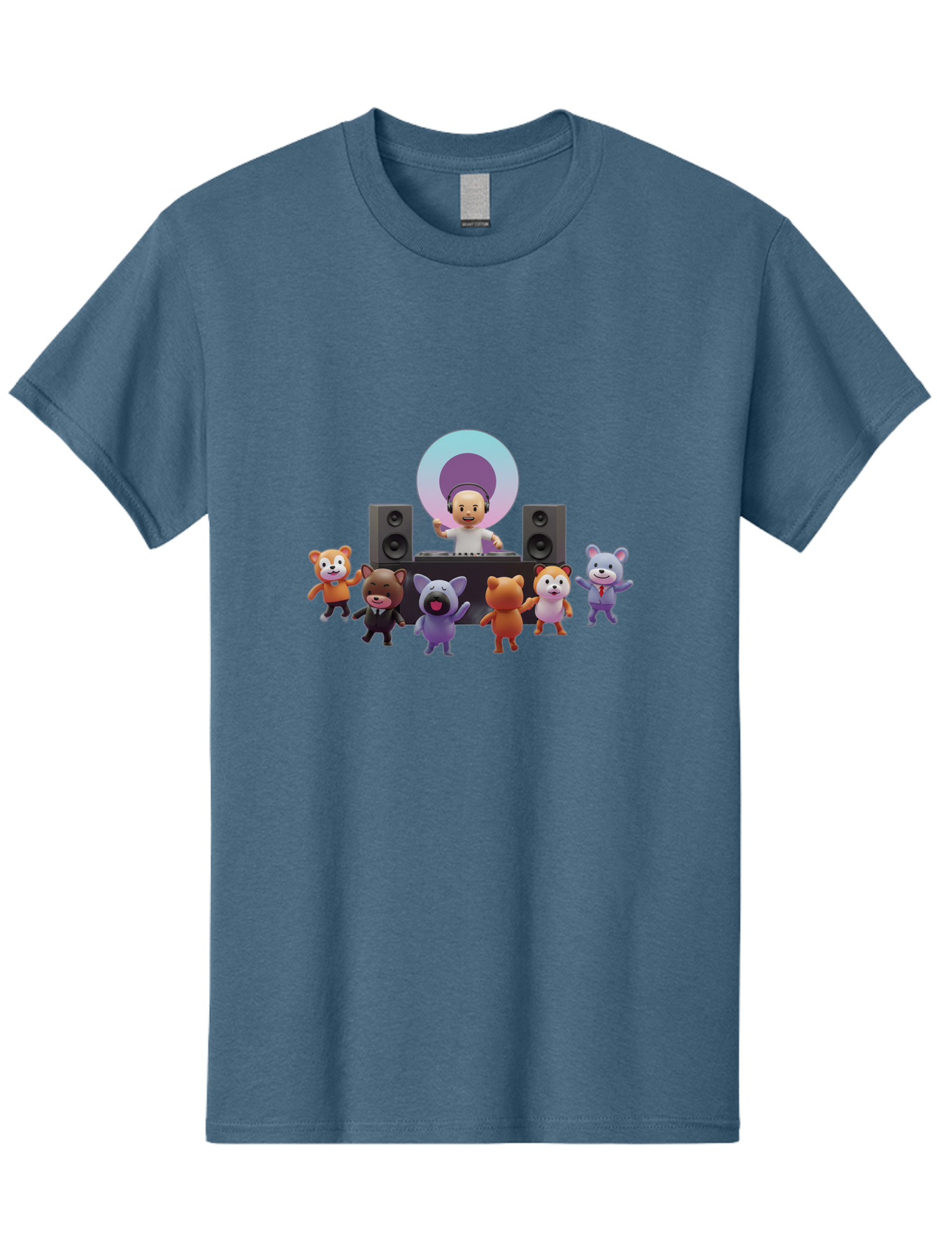 Dj-With-Animal-Friends Men'S Graphic Tee, 100% Cotton, Comfortable Casual Summer Wear, Machine Washable, Dj Spinning Tracks, Cartoon Animals Dancing, Fun Party Vibe, Music Festival Atmosphere, Happy Cartoon Characters, Dancing Bears, Fox, Bad047