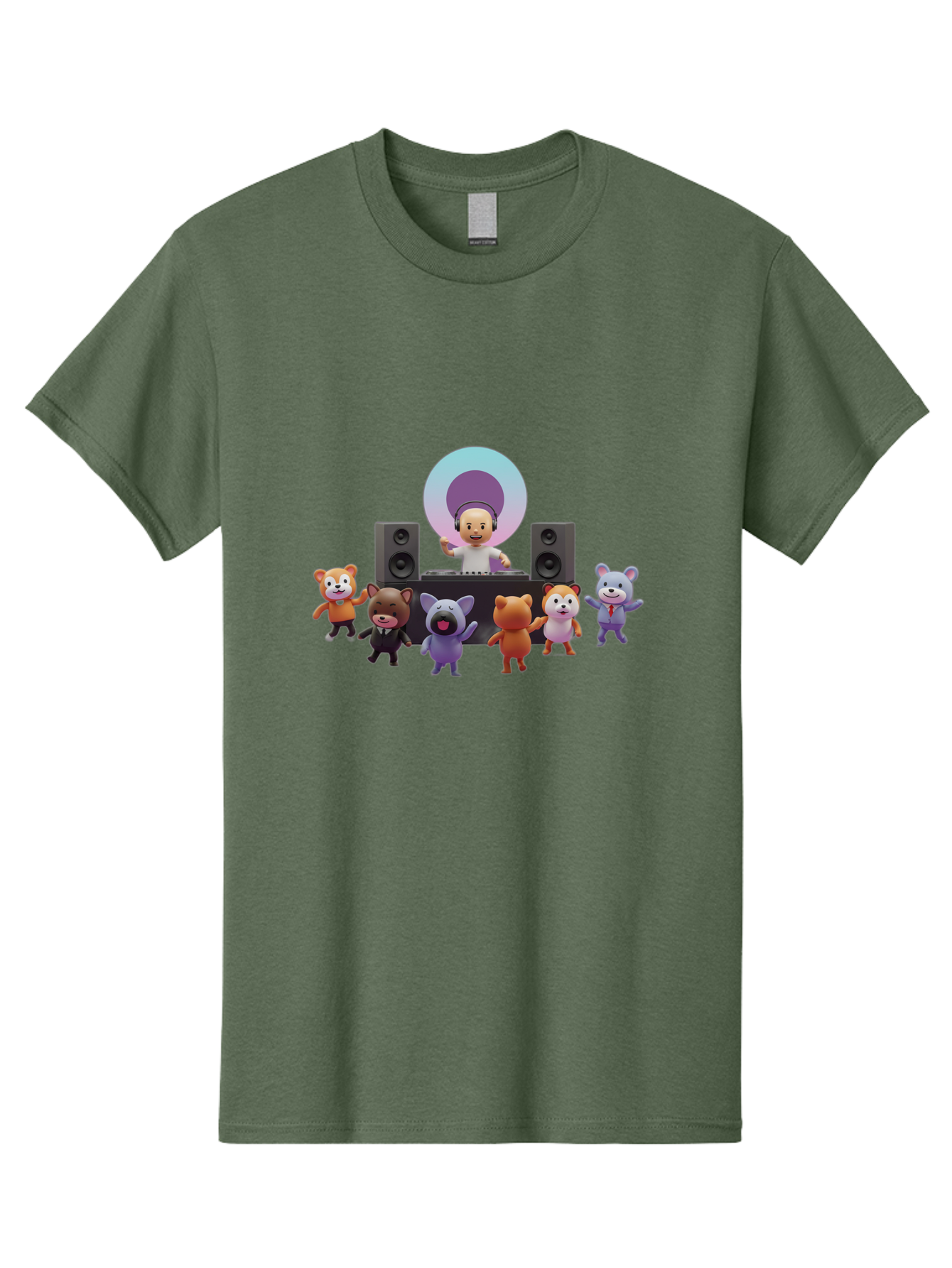 Dj-With-Animal-Friends Men'S Graphic Tee, 100% Cotton, Comfortable Casual Summer Wear, Machine Washable, Dj Spinning Tracks, Cartoon Animals Dancing, Fun Party Vibe, Music Festival Atmosphere, Happy Cartoon Characters, Dancing Bears, Fox, Bad047