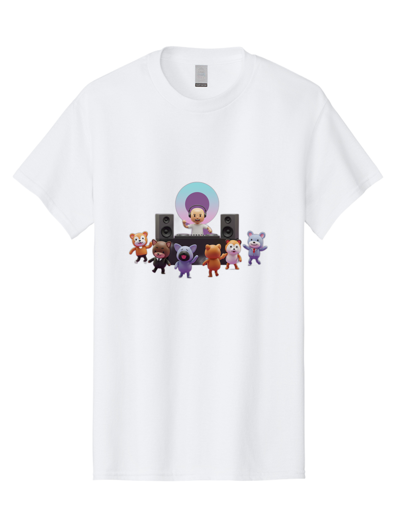 Dj-With-Animal-Friends Men'S Graphic Tee, 100% Cotton, Comfortable Casual Summer Wear, Machine Washable, Dj Spinning Tracks, Cartoon Animals Dancing, Fun Party Vibe, Music Festival Atmosphere, Happy Cartoon Characters, Dancing Bears, Fox, Bad047