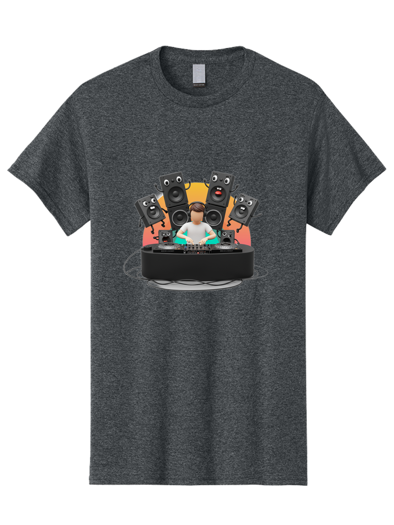 Dj-With-Funny-Speakers Men'S Graphic Tee, 100% Cotton, Comfortable Casual Summer Wear, Machine Washable, Dj Mixing Music On Turntables, Speaker Systems, Cartoon-Style Speakers With Faces, Electronic Dance Music, Sound Equipment, Dj Setup, Bad048