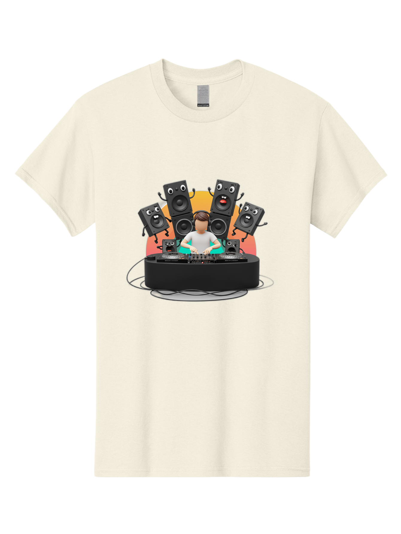 Dj-With-Funny-Speakers Men'S Graphic Tee, 100% Cotton, Comfortable Casual Summer Wear, Machine Washable, Dj Mixing Music On Turntables, Speaker Systems, Cartoon-Style Speakers With Faces, Electronic Dance Music, Sound Equipment, Dj Setup, Bad048