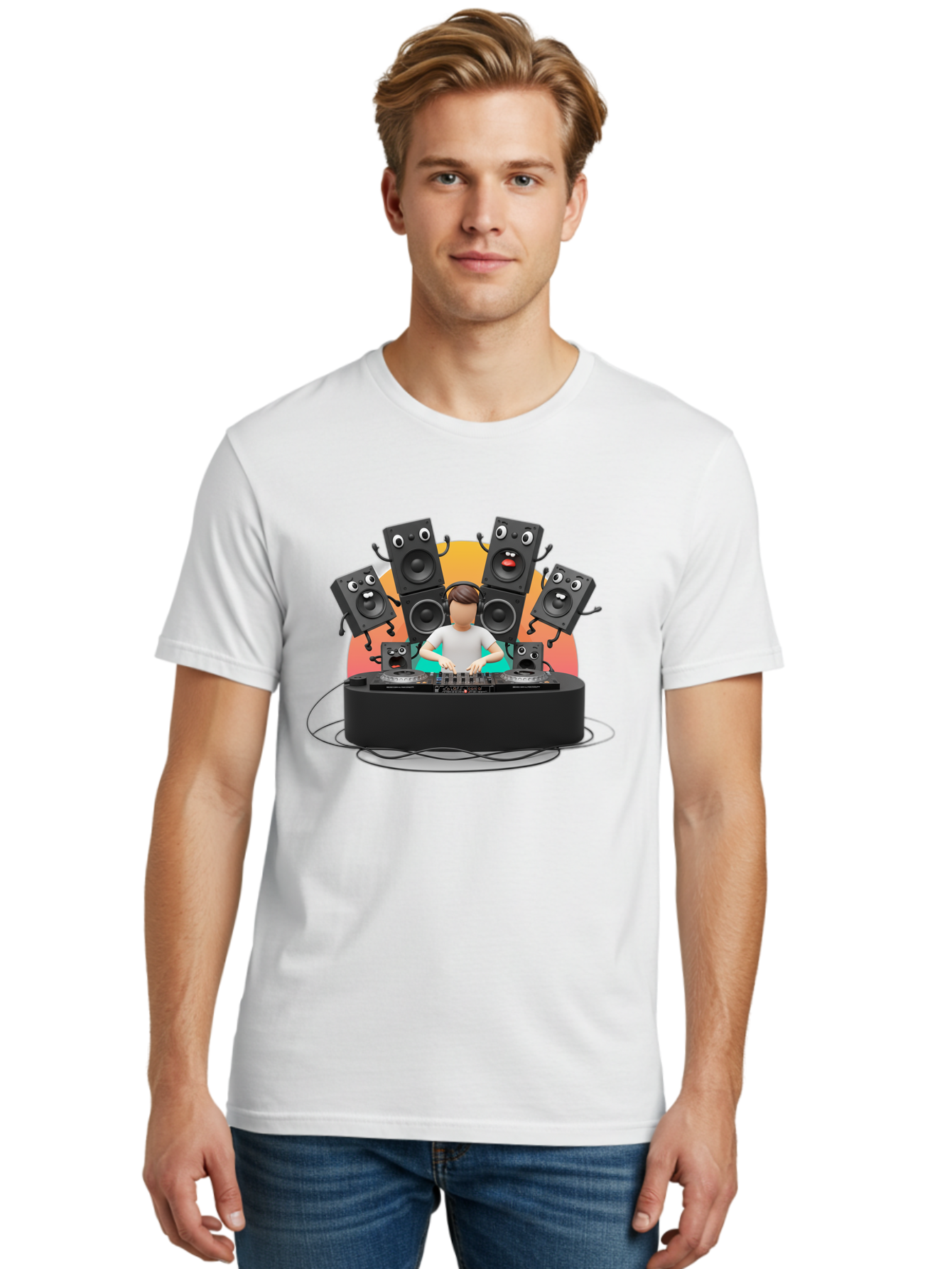Dj-With-Funny-Speakers Men'S Graphic Tee, 100% Cotton, Comfortable Casual Summer Wear, Machine Washable, Dj Mixing Music On Turntables, Speaker Systems, Cartoon-Style Speakers With Faces, Electronic Dance Music, Sound Equipment, Dj Setup, Bad048