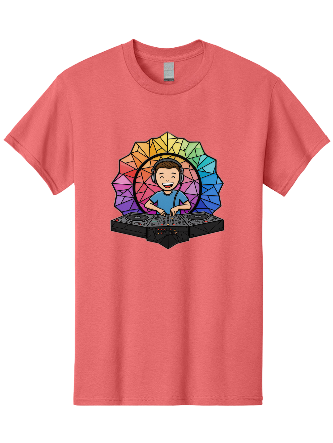 Dj Men'S Graphic Tee, 100% Cotton, Comfortable Casual Summer Wear, Machine Washable, Cartoon Dj, Boy Mixing Music, Dj Controller, Headphone-Wearing Dj, Colorful Geometric Shape, Happy Entertainer, Music Production, Modern Art Bad051