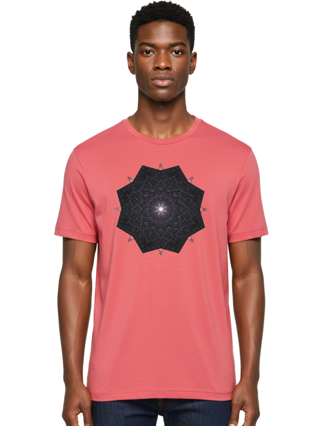 Dodecahedron-Galaxy Men'S Graphic Tee, 100% Cotton, Comfortable Casual Summer Wear, Machine Washable, Stylized Star Design, Geometric Pattern, Celestial Body, Starry Night Sky, Abstract Art, Modern Design, Futuristic, Digital Art Bad053