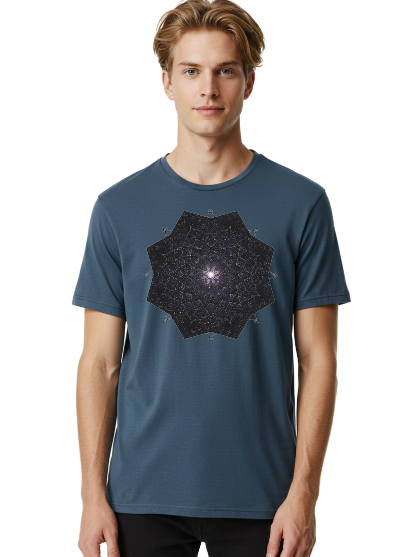Dodecahedron-Galaxy Men'S Graphic Tee, 100% Cotton, Comfortable Casual Summer Wear, Machine Washable, Stylized Star Design, Geometric Pattern, Celestial Body, Starry Night Sky, Abstract Art, Modern Design, Futuristic, Digital Art Bad053