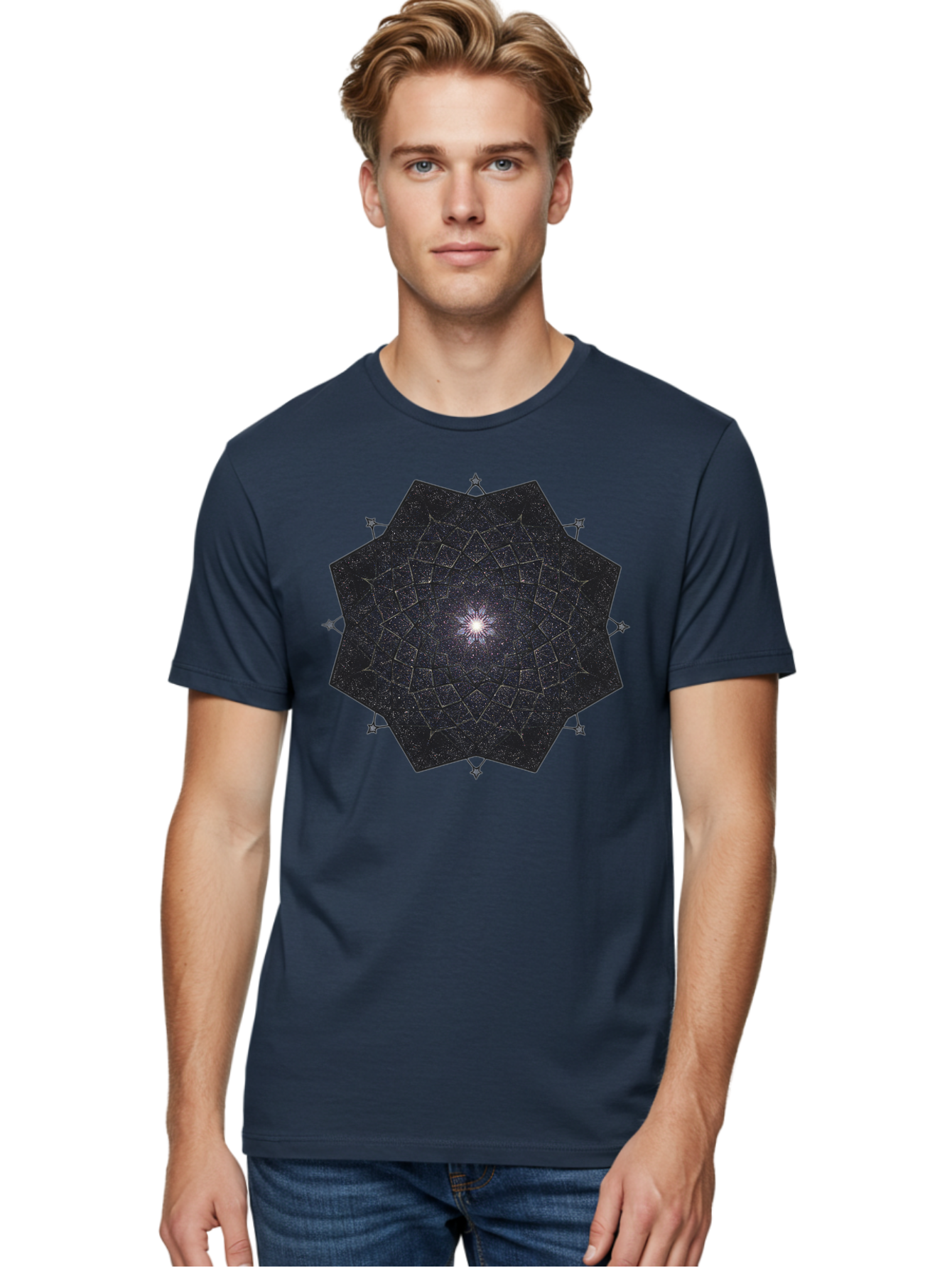Dodecahedron-Galaxy Men'S Graphic Tee, 100% Cotton, Comfortable Casual Summer Wear, Machine Washable, Stylized Star Design, Geometric Pattern, Celestial Body, Starry Night Sky, Abstract Art, Modern Design, Futuristic, Digital Art Bad053