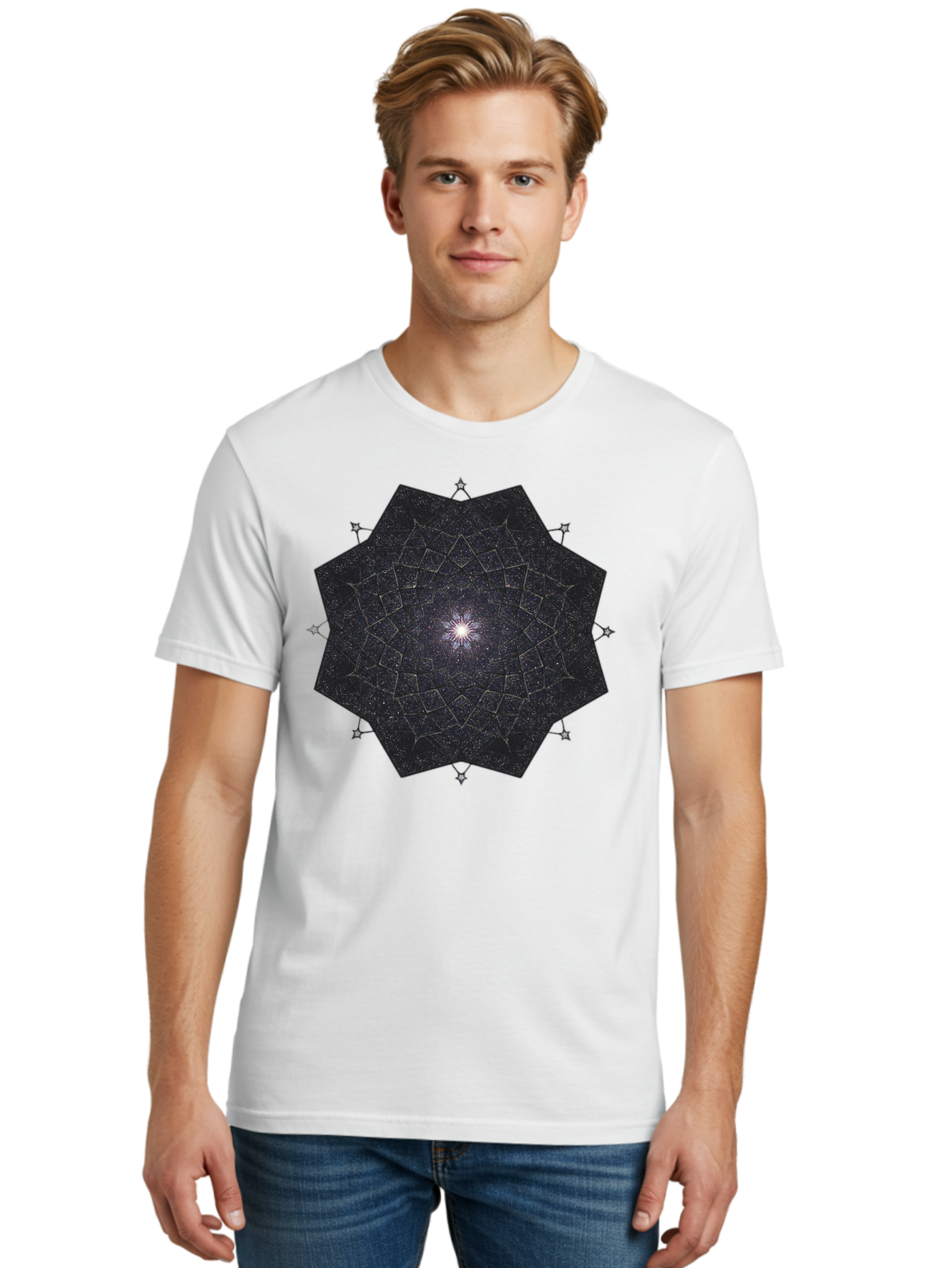 Dodecahedron-Galaxy Men'S Graphic Tee, 100% Cotton, Comfortable Casual Summer Wear, Machine Washable, Stylized Star Design, Geometric Pattern, Celestial Body, Starry Night Sky, Abstract Art, Modern Design, Futuristic, Digital Art Bad053