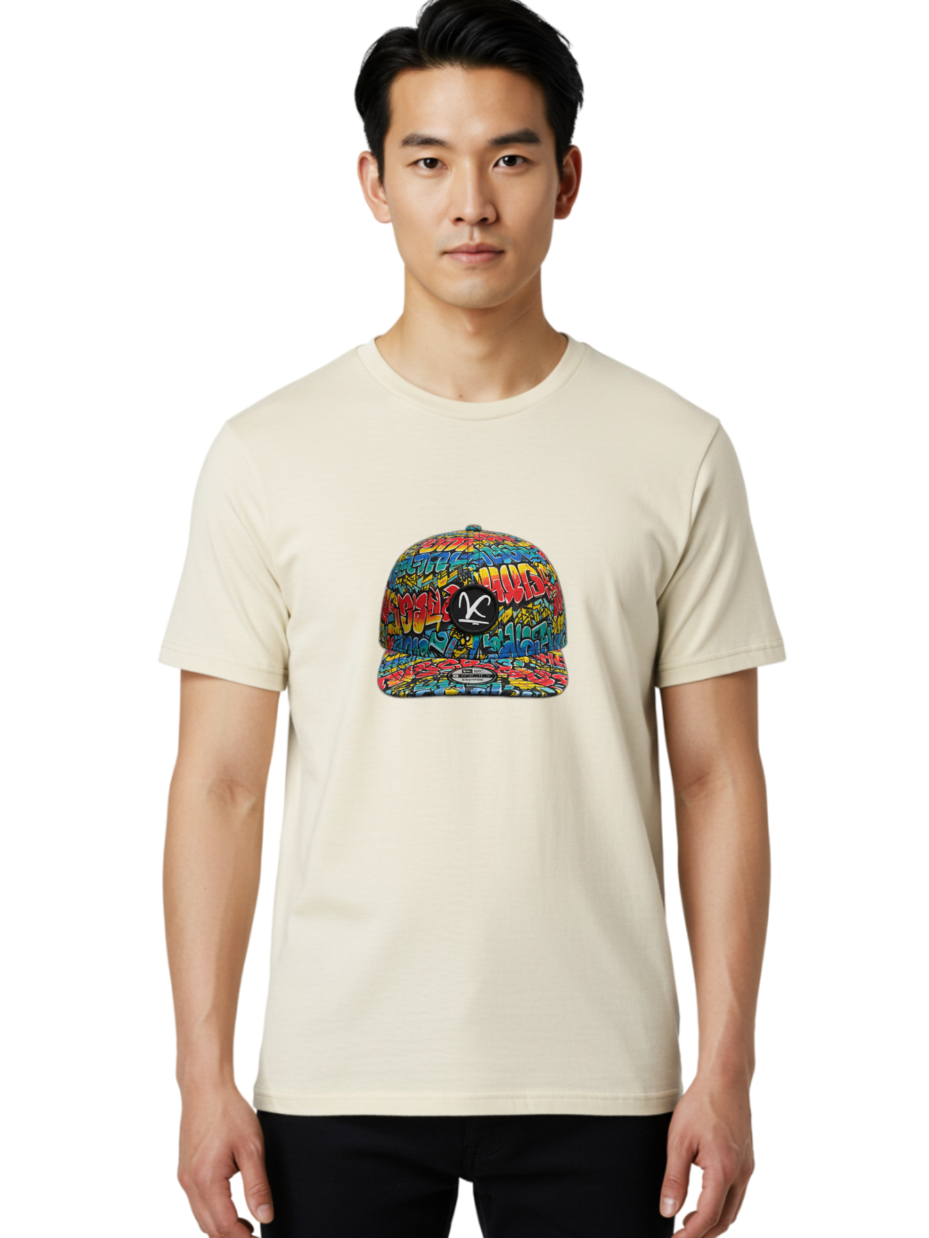 Double-K-Graffiti-Snapback Men'S Graphic Tee, 100% Cotton, Comfortable Casual Summer Wear, Machine Washable, Streetwear Fashion, Graffiti Art, Urban Style, Vibrant Colors, Bold Design, Trendy Accessories, Casual Wear, Baseball Cap, Bad056