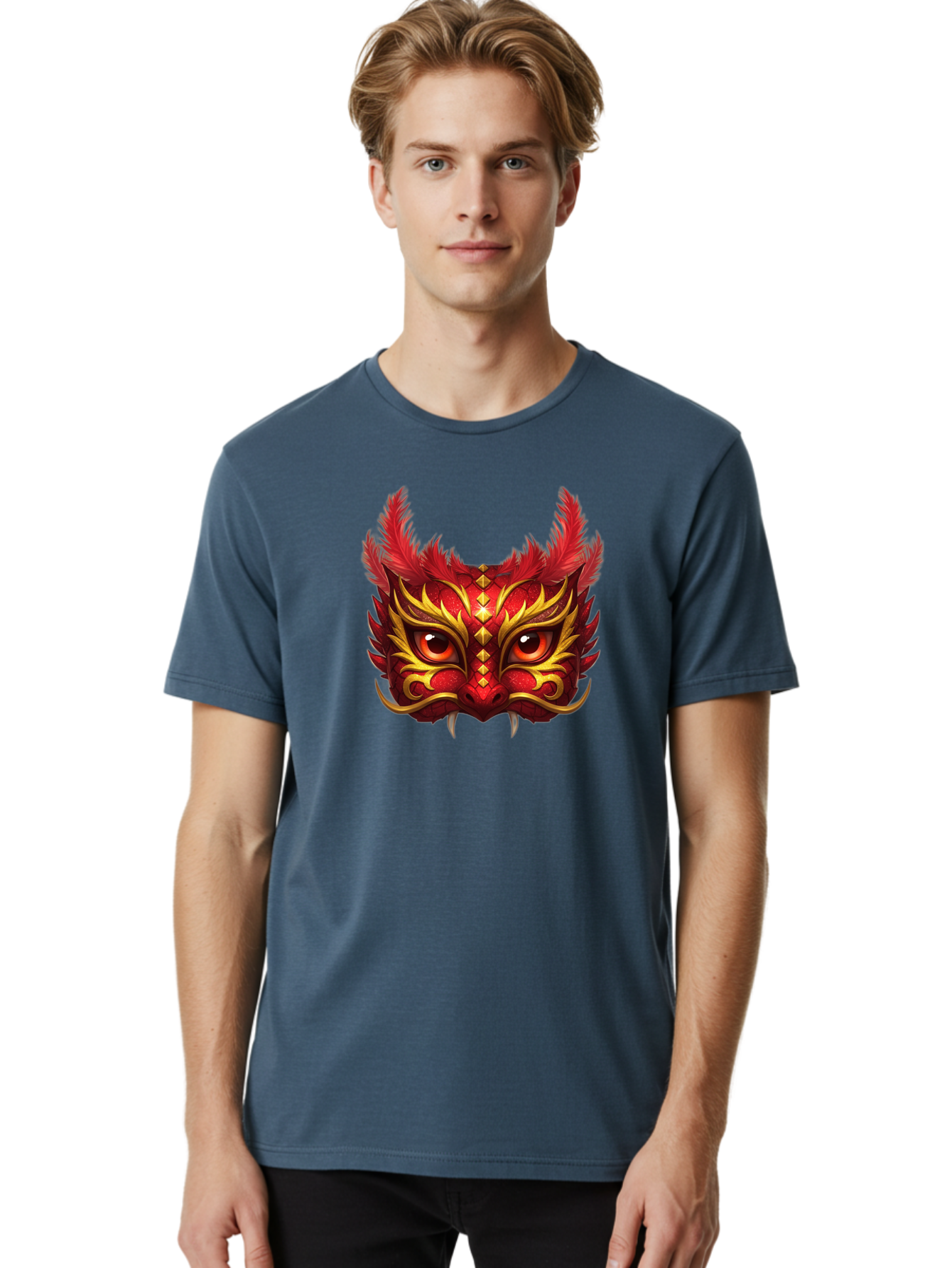 Dragon-Head Men'S Graphic Tee, 100% Cotton, Comfortable Casual Summer Wear, Machine Washable, Red Dragon Face, Gold Accents, Sharp Fangs, Bold Design, Vibrant Red, Mythical Creature, Cultural Symbol, Fierce Expression, Dragon Art Bad057