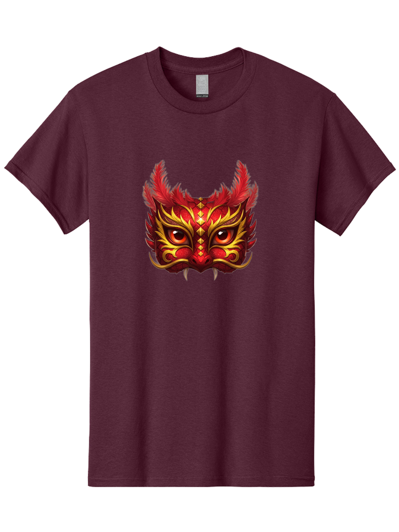 Dragon-Head Men'S Graphic Tee, 100% Cotton, Comfortable Casual Summer Wear, Machine Washable, Red Dragon Face, Gold Accents, Sharp Fangs, Bold Design, Vibrant Red, Mythical Creature, Cultural Symbol, Fierce Expression, Dragon Art Bad057