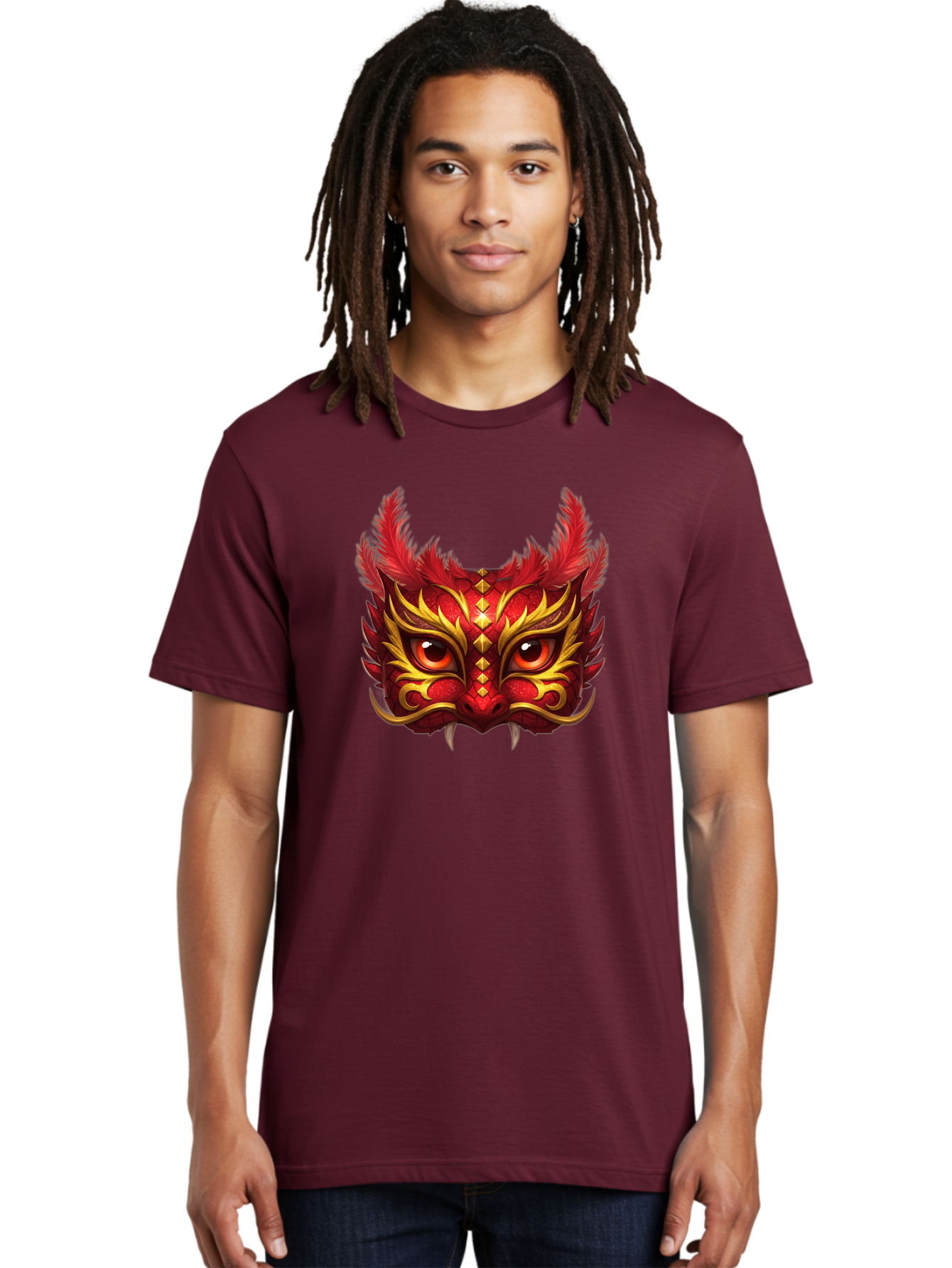 Dragon-Head Men'S Graphic Tee, 100% Cotton, Comfortable Casual Summer Wear, Machine Washable, Red Dragon Face, Gold Accents, Sharp Fangs, Bold Design, Vibrant Red, Mythical Creature, Cultural Symbol, Fierce Expression, Dragon Art Bad057