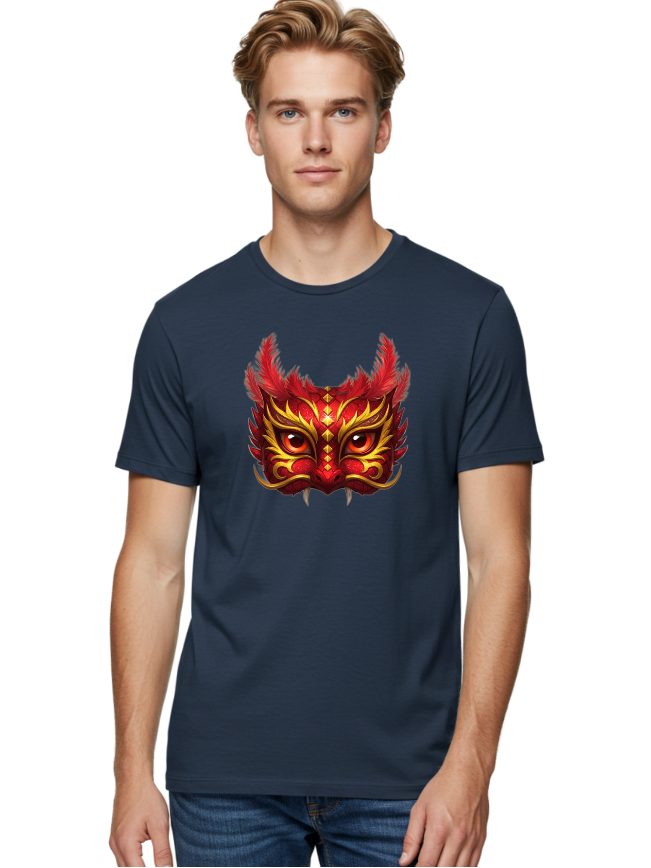 Dragon-Head Men'S Graphic Tee, 100% Cotton, Comfortable Casual Summer Wear, Machine Washable, Red Dragon Face, Gold Accents, Sharp Fangs, Bold Design, Vibrant Red, Mythical Creature, Cultural Symbol, Fierce Expression, Dragon Art Bad057